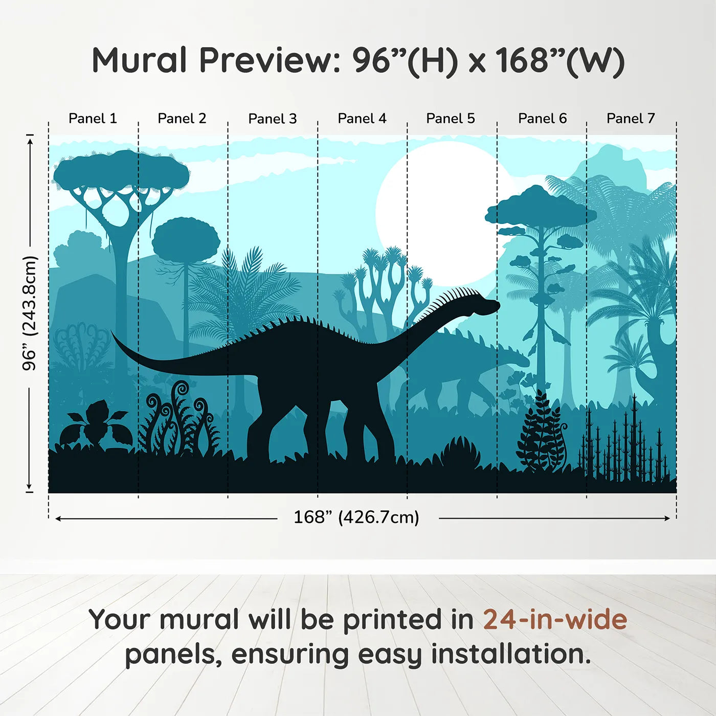 Whimsy Tots Dinosaur Silhouette Wall Mural in Bluedimension view (96" H x 168" W). Printed in seven 24-inch-wide panels. Gender-Neutral