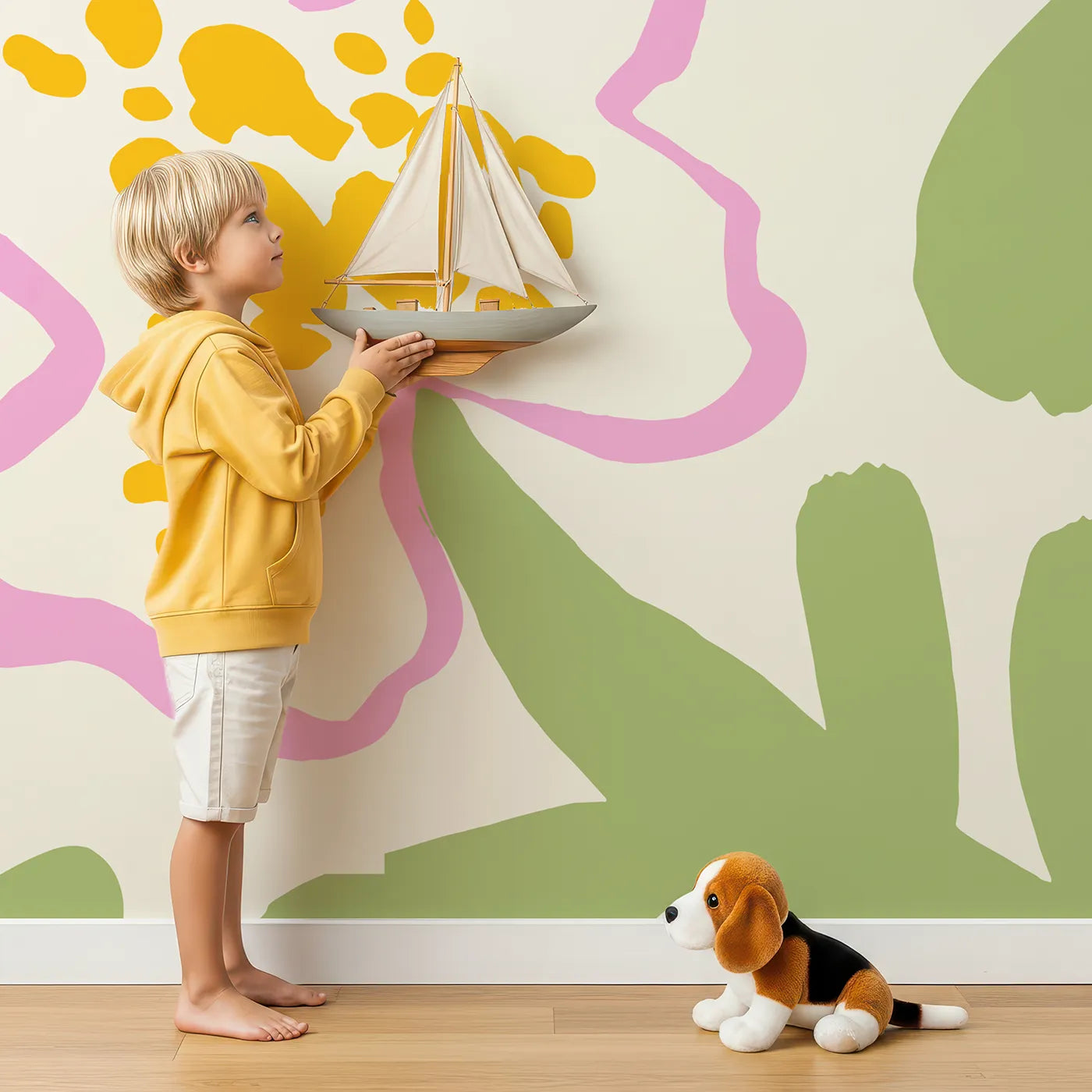Child in front of Whimsy Tots Abstract Floral Doodle Wall Mural with flower, retro, abstract, doodle, pink, green, floral, pattern in design.