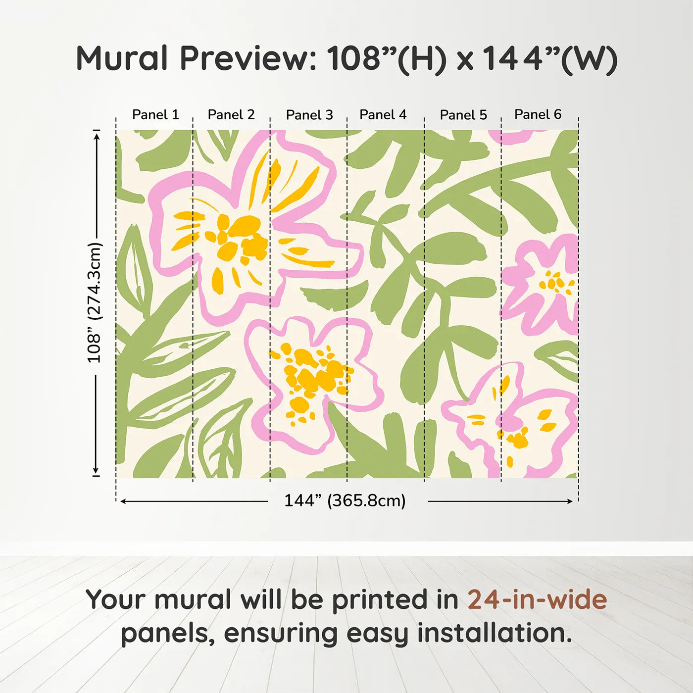 Whimsy Tots Abstract Floral Doodle Wall Muraldimension view (108" H x 144" W). Printed in six 24-inch-wide panels. Gender-Neutral