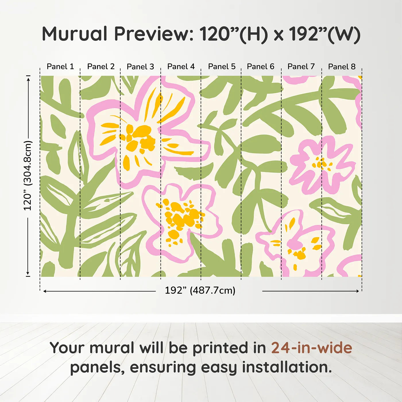 Whimsy Tots Abstract Floral Doodle Wall Muraldimension view (120" H x 192" W). Printed in eight 24-inch-wide panels. Gender-Neutral