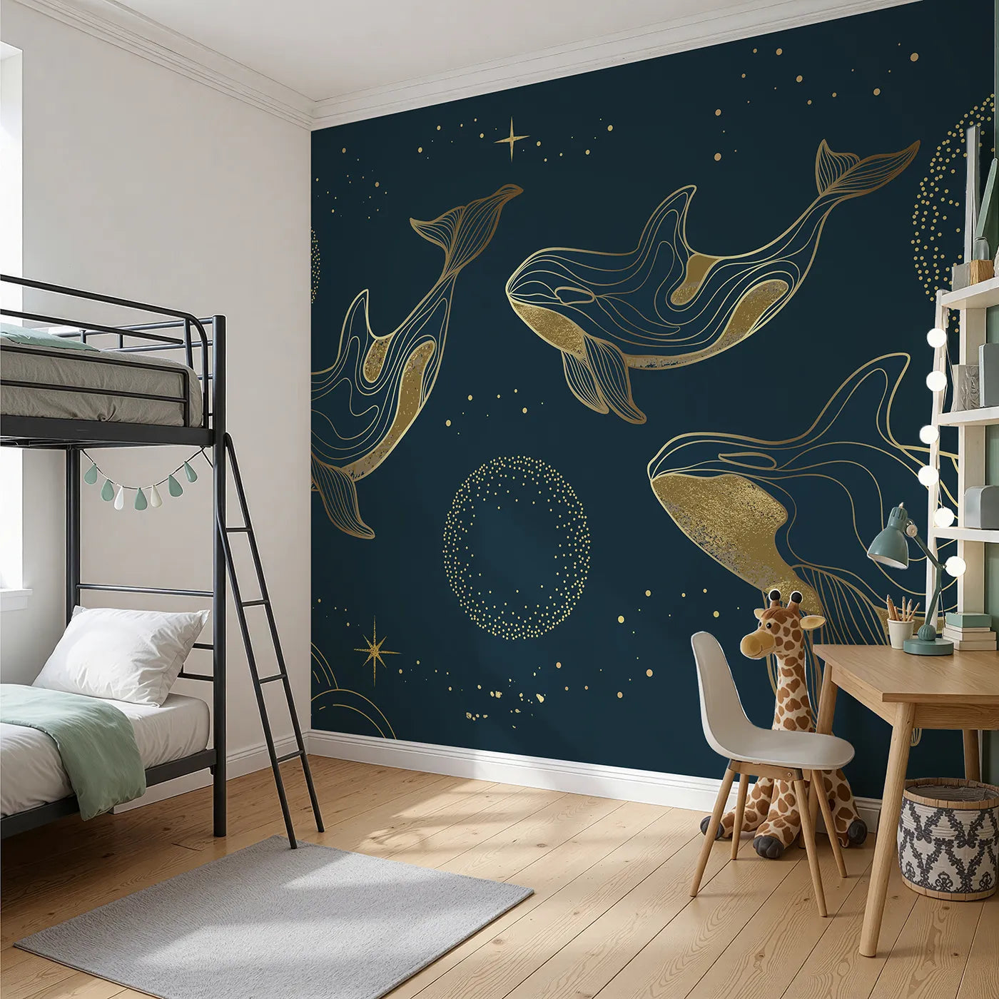 Angled view of Whimsy Tots' Golden Cosmic Whales Wall Mural (Turn Their Room into a Magical, Starry Sky-Ocean).Gender-Neutral