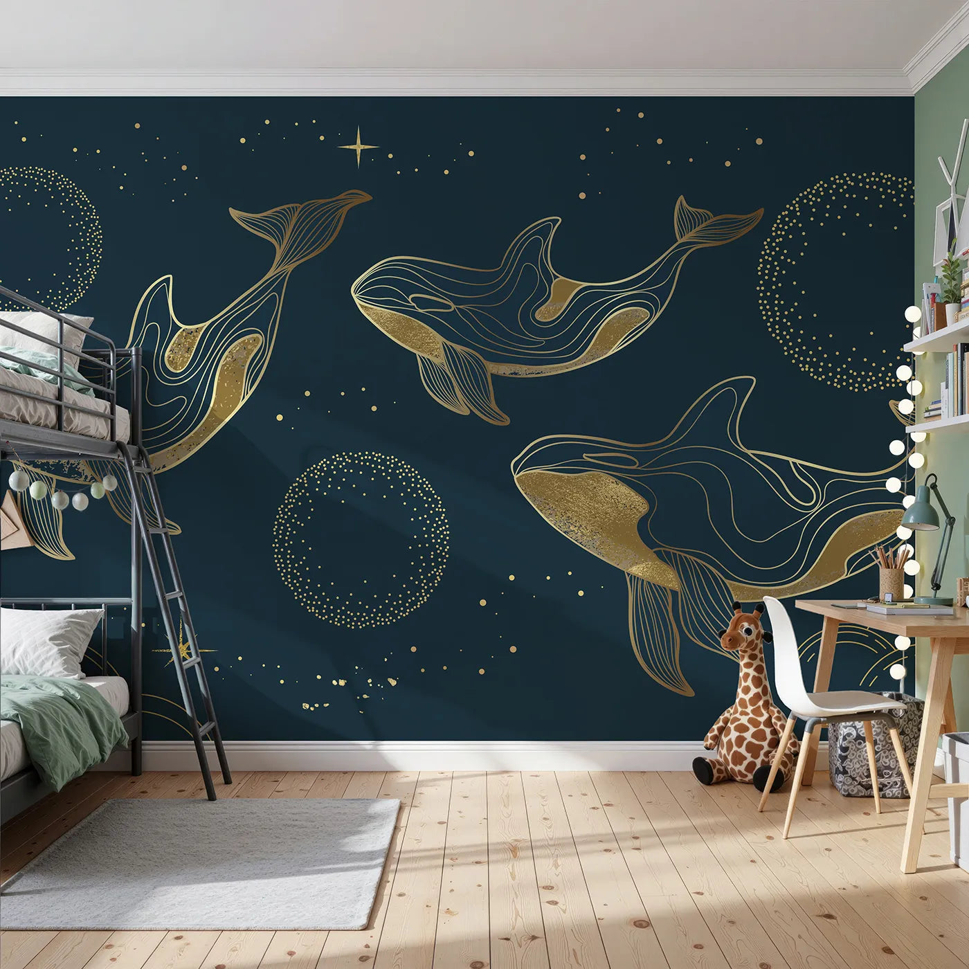 Front view of Whimsy Tots' Golden Cosmic Whales Wall Mural