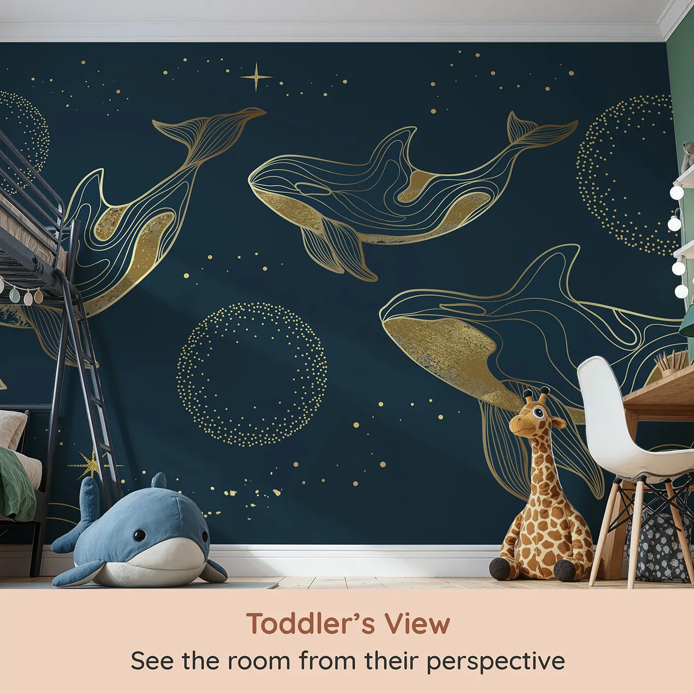 Whimsy Tots Golden Cosmic Whales Wall Mural (Turn Their Room into a Magical, Starry Sky-Ocean) from your child's view.Gender-Neutral