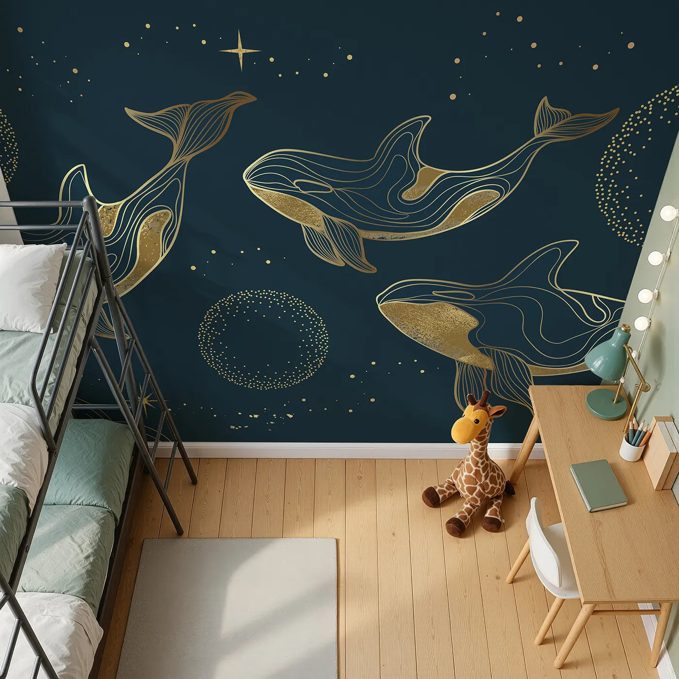 Top-down view of Whimsy Tots' Golden Cosmic Whales Wall Mural (Turn Their Room into a Magical, Starry Sky-Ocean).Gender-Neutral