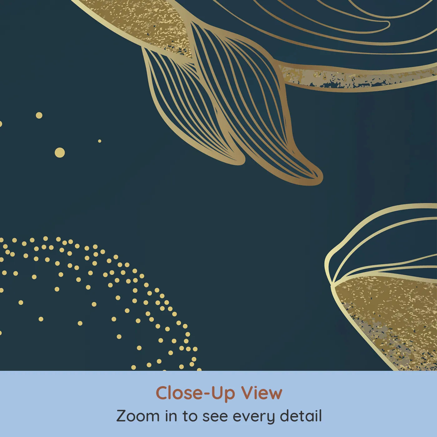 Close-up view of Whimsy Tots' Golden Cosmic Whales Wall Mural (Turn Their Room into a Magical, Starry Sky-Ocean).Gender-Neutral