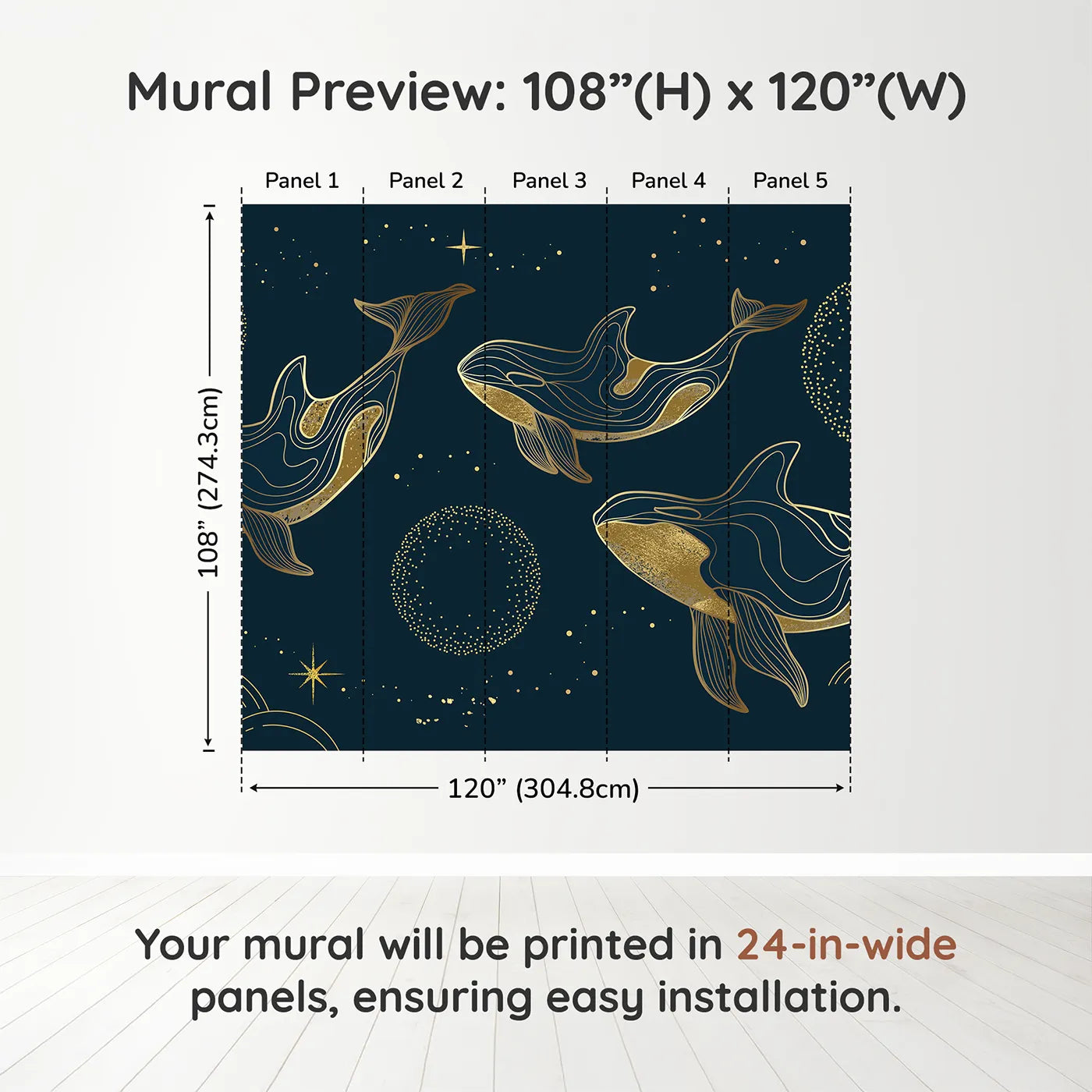 Whimsy Tots Golden Cosmic Whales Wall Muraldimension view (108" H x 120" W). Printed in five 24-inch-wide panels. Gender-Neutral