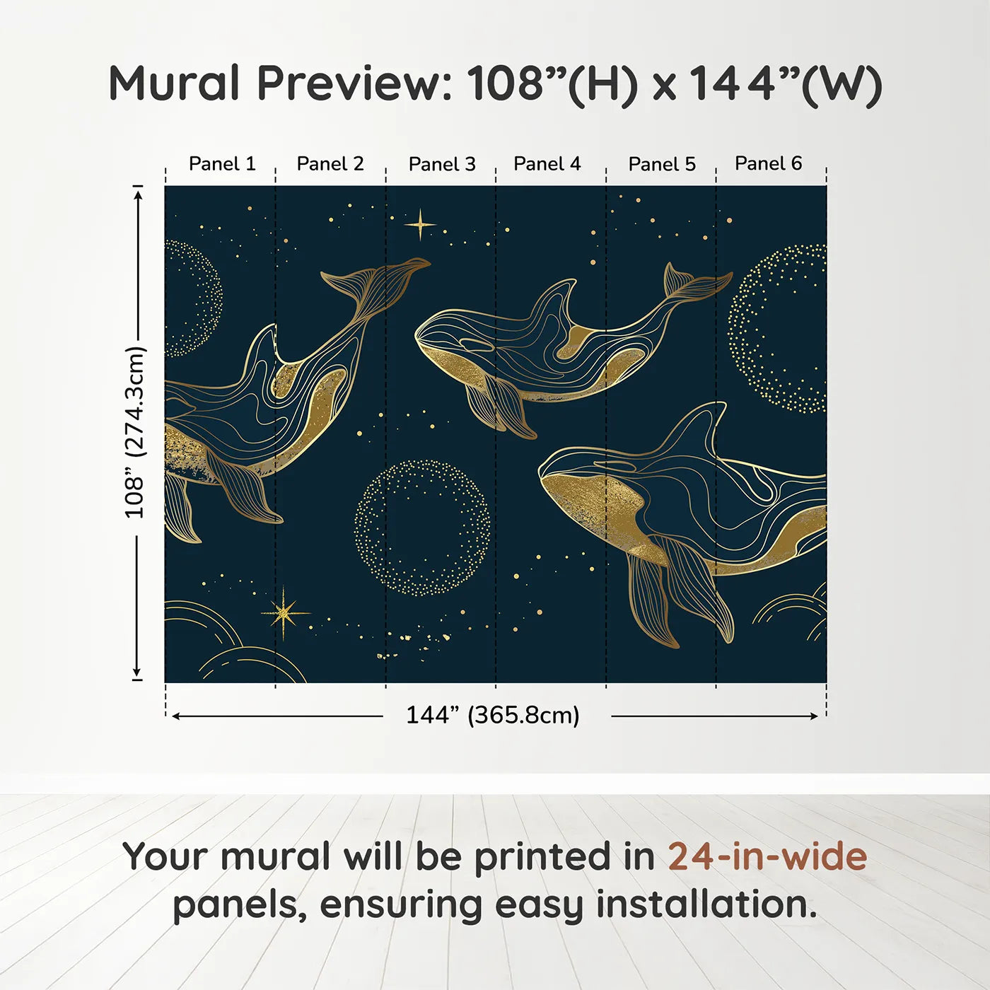 Whimsy Tots Golden Cosmic Whales Wall Muraldimension view (108" H x 144" W). Printed in six 24-inch-wide panels. Gender-Neutral