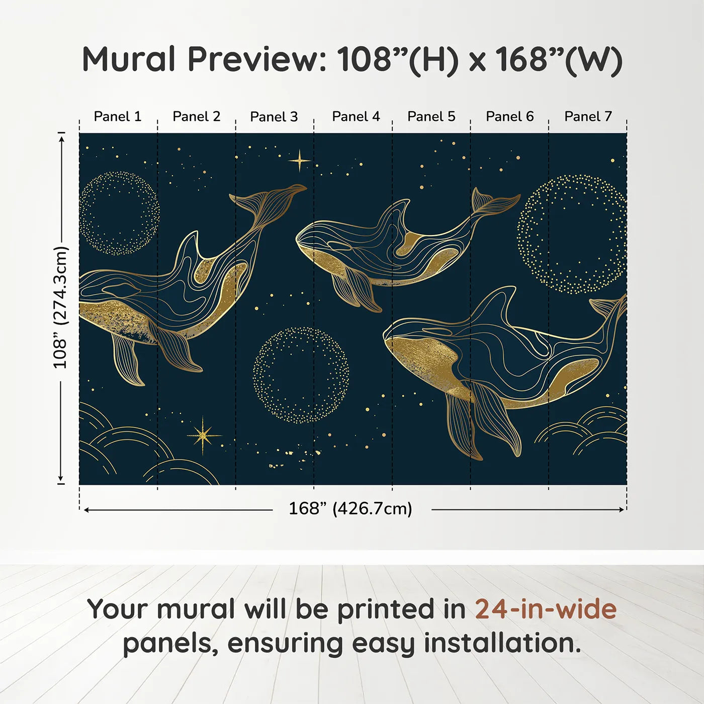 Whimsy Tots Golden Cosmic Whales Wall Muraldimension view (108" H x 168" W). Printed in seven 24-inch-wide panels. Gender-Neutral