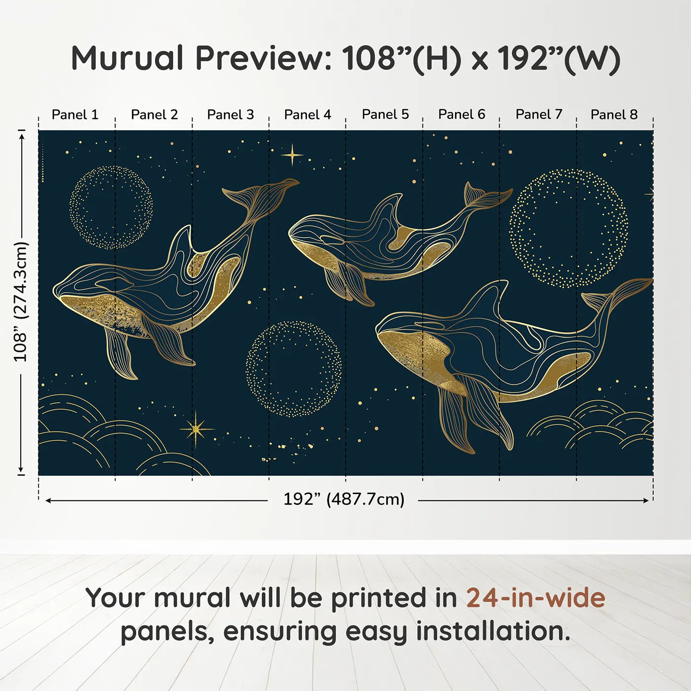 Whimsy Tots Golden Cosmic Whales Wall Muraldimension view (108" H x 192" W). Printed in eight 24-inch-wide panels. Gender-Neutral