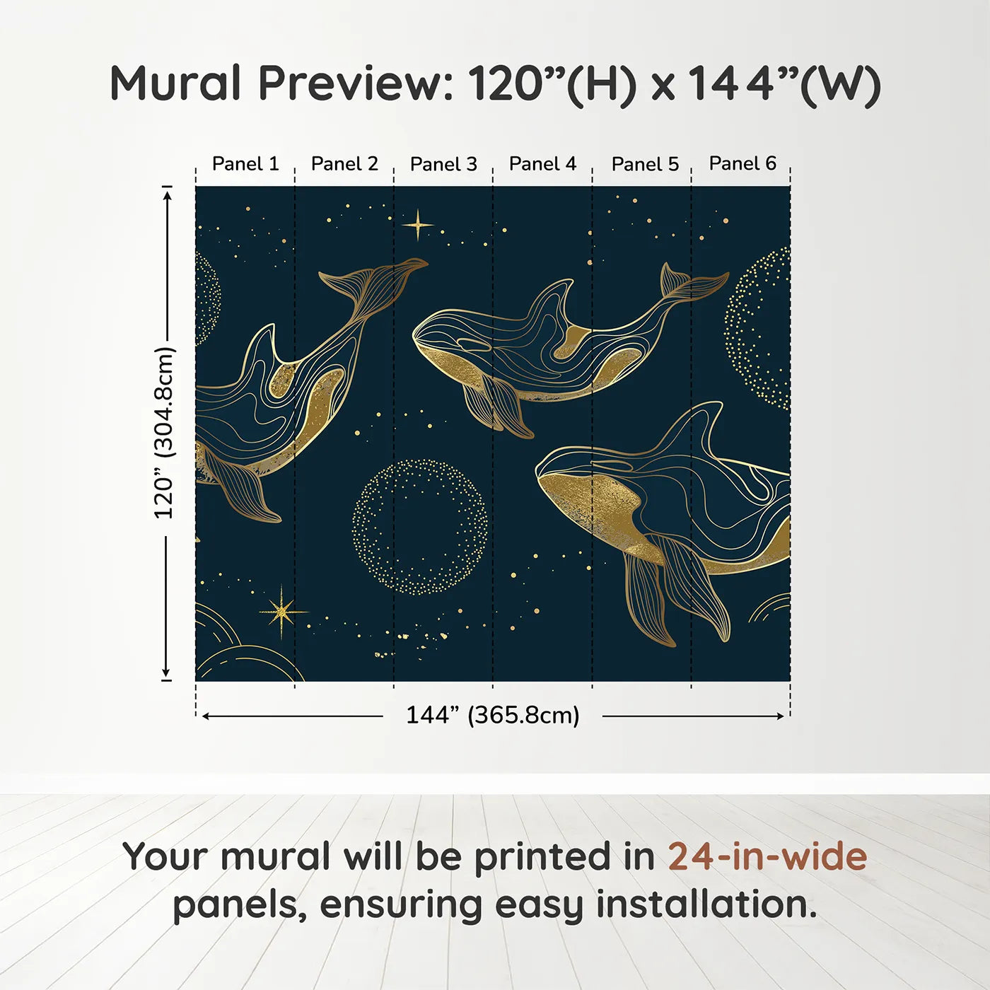Whimsy Tots Golden Cosmic Whales Wall Muraldimension view (120" H x 144" W). Printed in six 24-inch-wide panels. Gender-Neutral