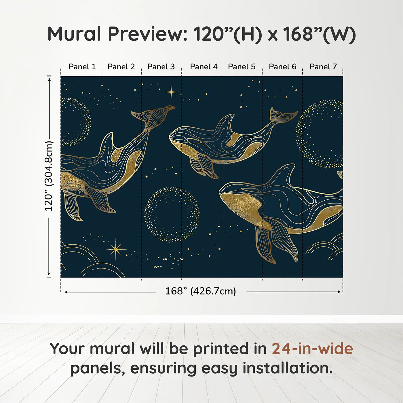 Whimsy Tots Golden Cosmic Whales Wall Muraldimension view (120" H x 168" W). Printed in seven 24-inch-wide panels. Gender-Neutral