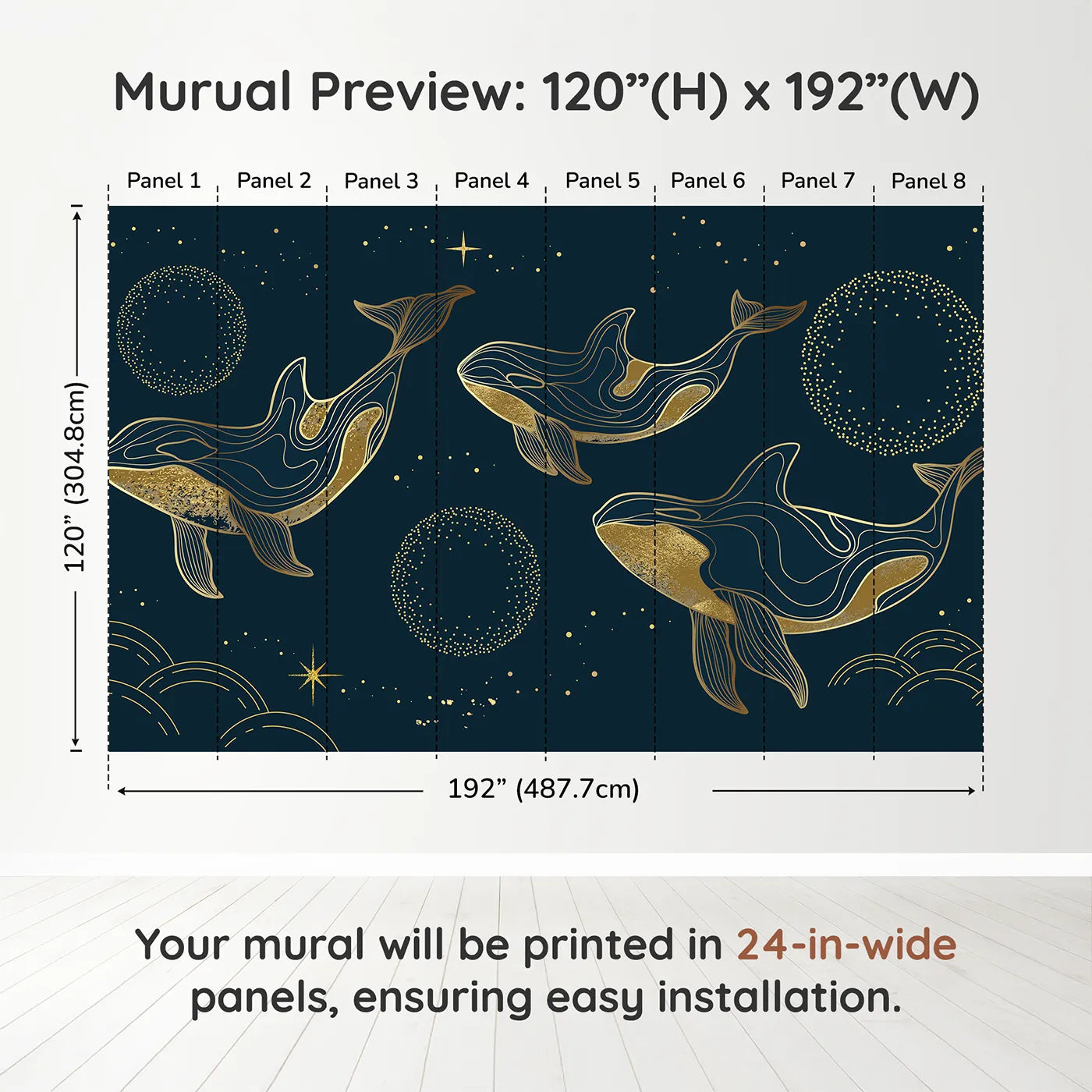 Whimsy Tots Golden Cosmic Whales Wall Muraldimension view (120" H x 192" W). Printed in eight 24-inch-wide panels. Gender-Neutral