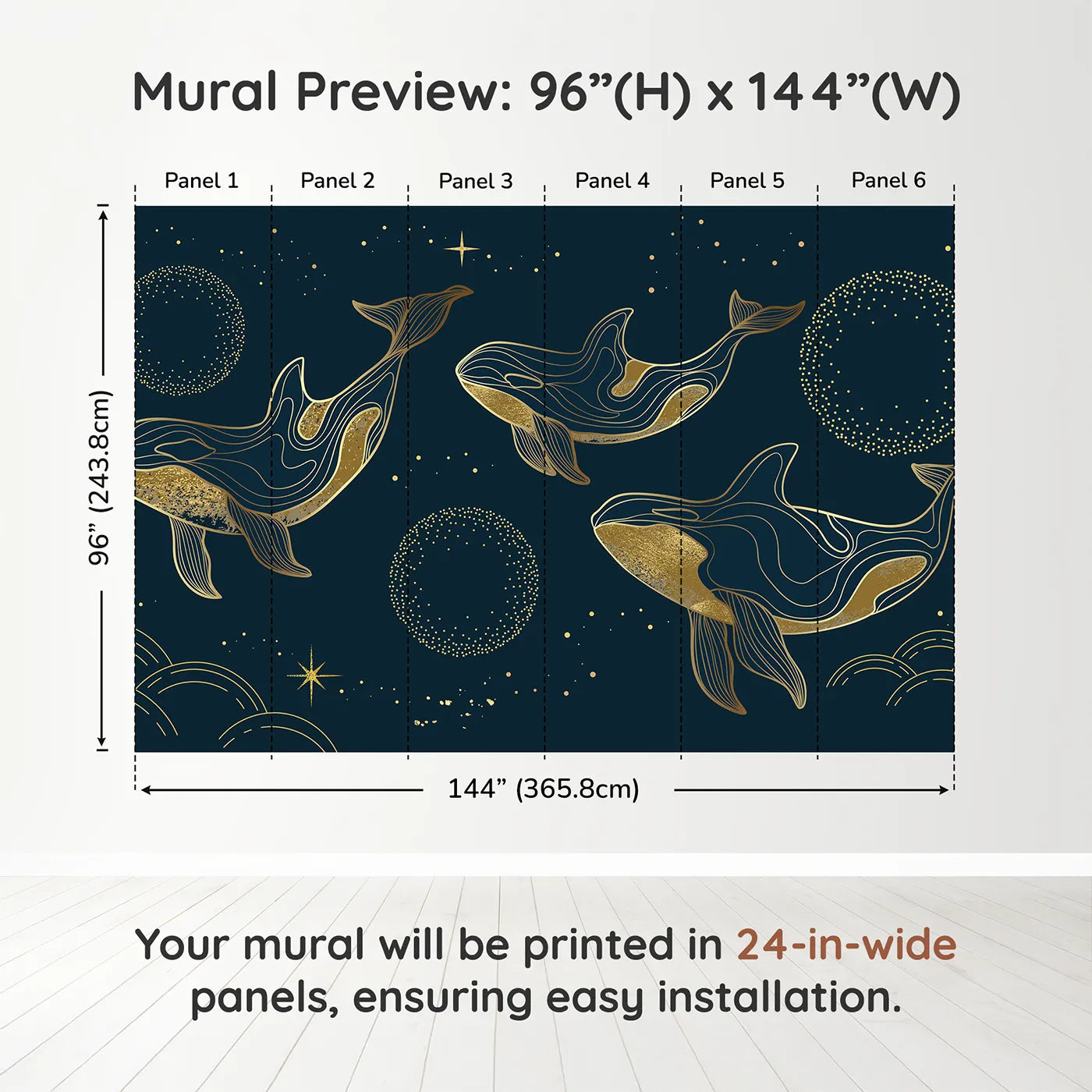 Whimsy Tots Golden Cosmic Whales Wall Muraldimension view (96" H x 144" W). Printed in six 24-inch-wide panels. Gender-Neutral
