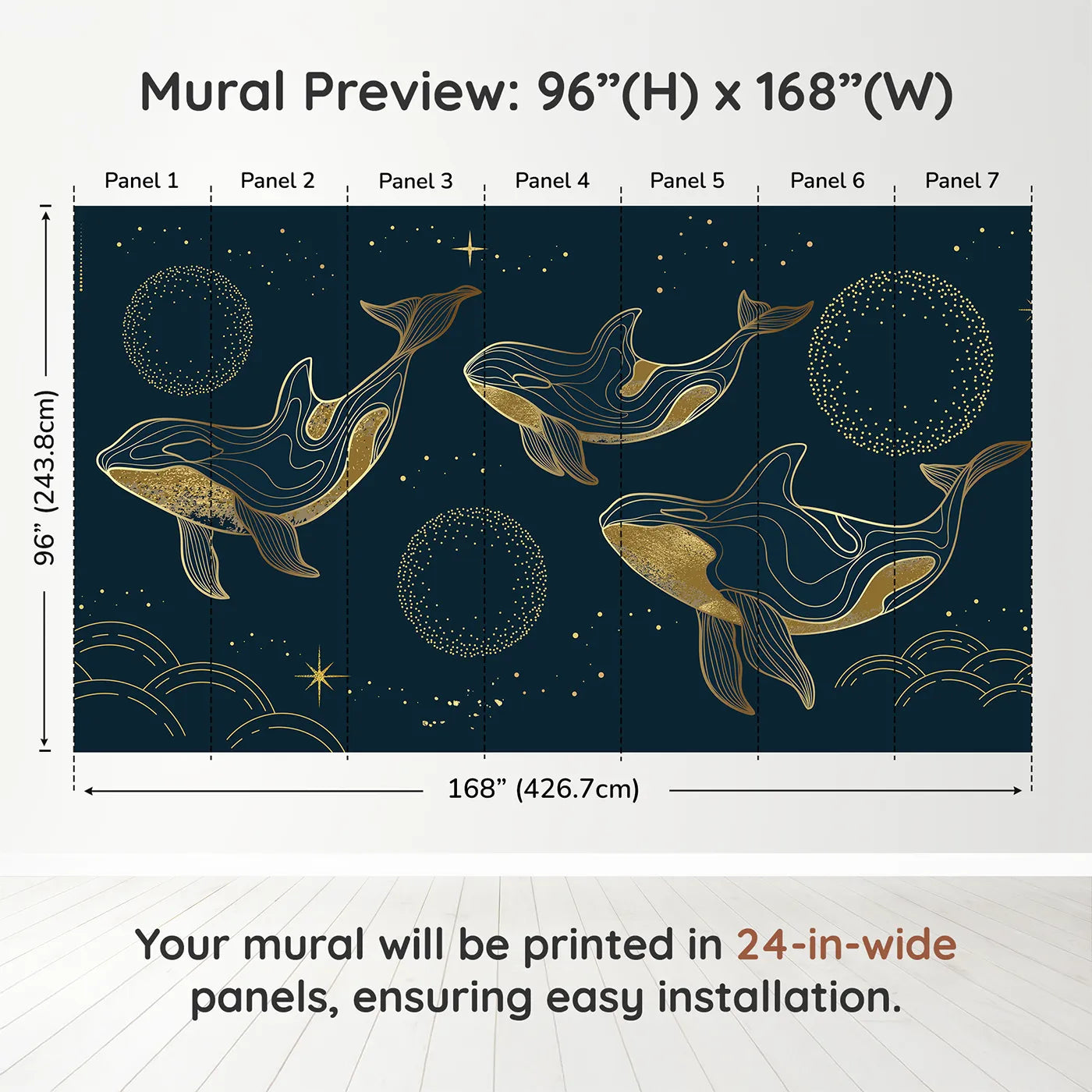 Whimsy Tots Golden Cosmic Whales Wall Muraldimension view (96" H x 168" W). Printed in seven 24-inch-wide panels. Gender-Neutral