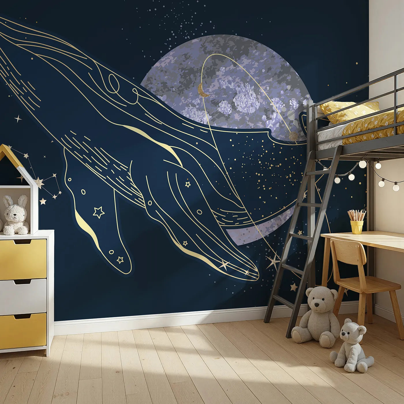 Angled view of Whimsy Tots' Celestial Whale Wall Mural (Turn Their Room into a Magical, Cosmic Voyage).Gender-Neutral