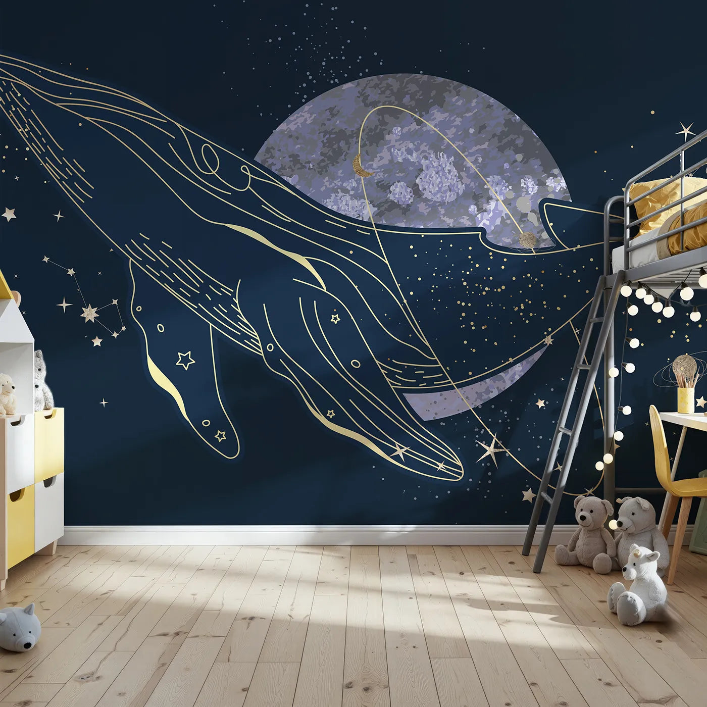 Front view of Whimsy Tots' Celestial Whale Wall Mural