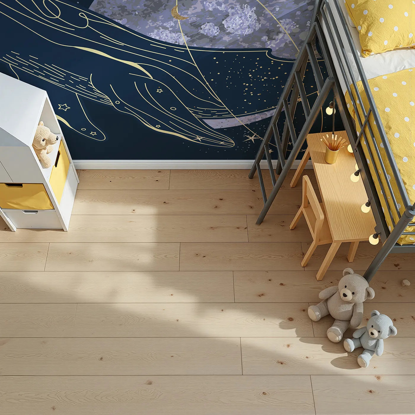 Top-down view of Whimsy Tots' Celestial Whale Wall Mural (Turn Their Room into a Magical, Cosmic Voyage).Gender-Neutral