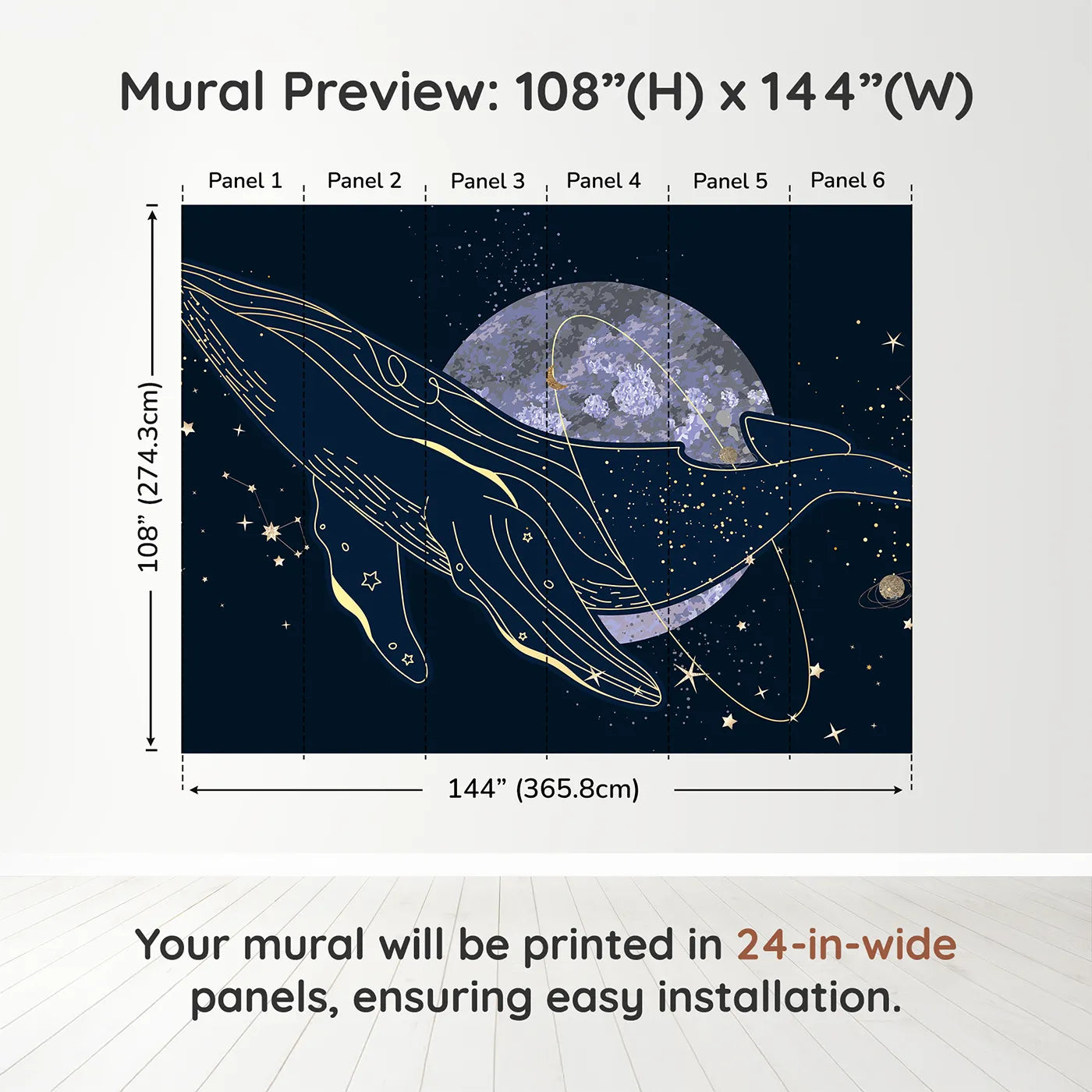 Whimsy Tots Celestial Whale Wall Muraldimension view (108" H x 144" W). Printed in six 24-inch-wide panels. Gender-Neutral