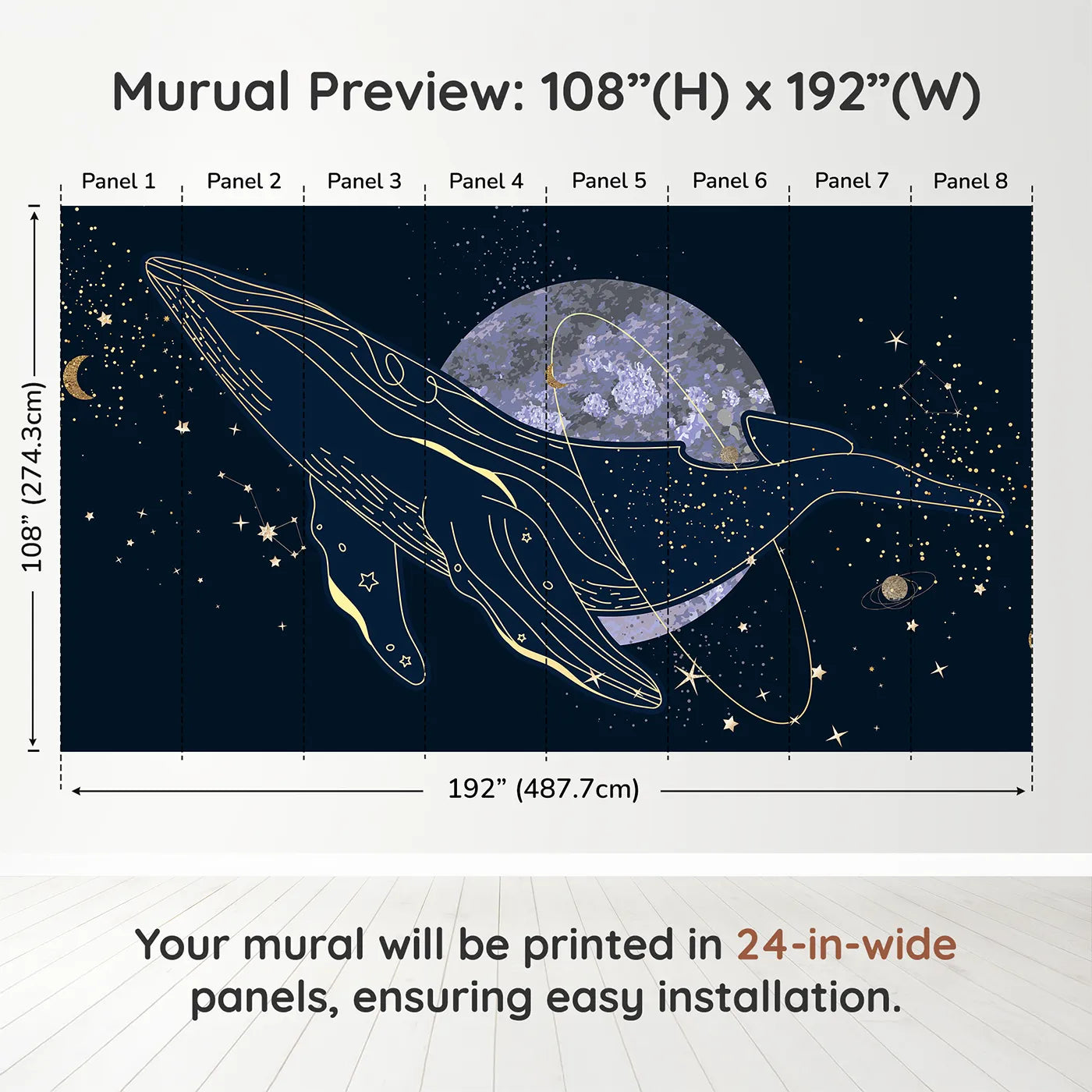 Whimsy Tots Celestial Whale Wall Muraldimension view (108" H x 192" W). Printed in eight 24-inch-wide panels. Gender-Neutral