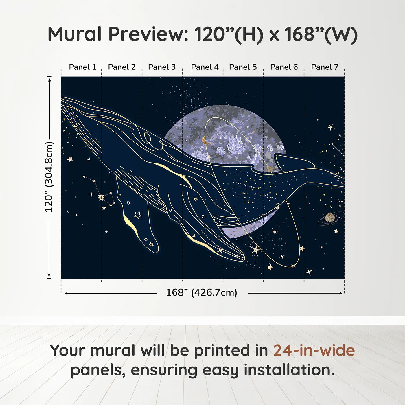 Whimsy Tots Celestial Whale Wall Muraldimension view (120" H x 168" W). Printed in seven 24-inch-wide panels. Gender-Neutral