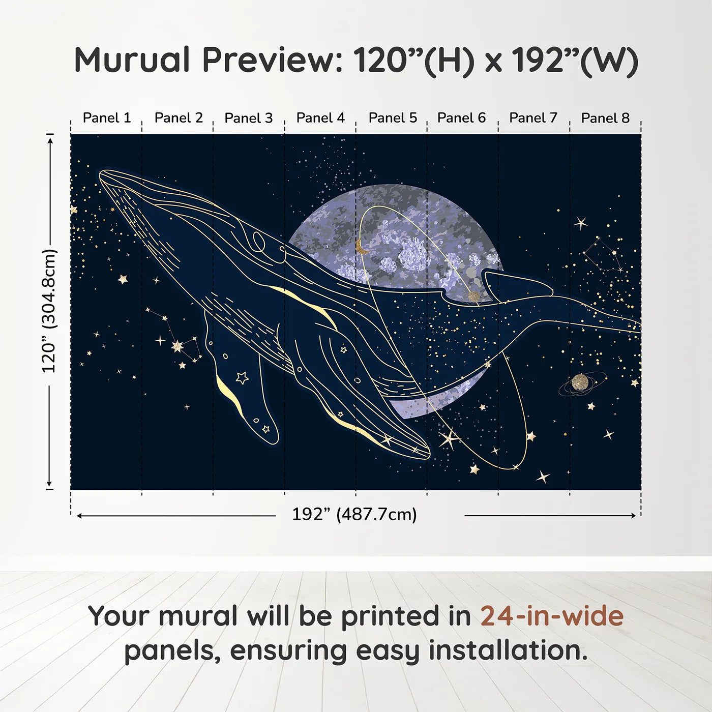 Whimsy Tots Celestial Whale Wall Muraldimension view (120" H x 192" W). Printed in eight 24-inch-wide panels. Gender-Neutral