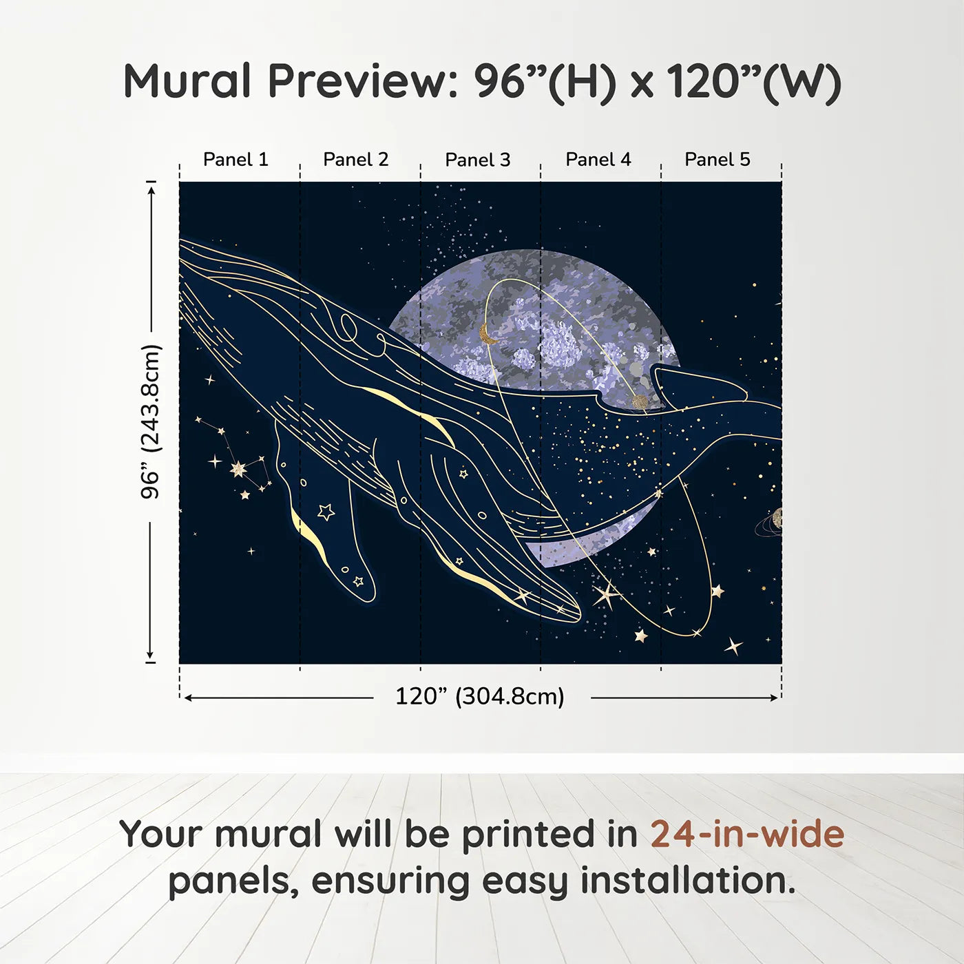 Whimsy Tots Celestial Whale Wall Muraldimension view (96" H x 120" W). Printed in five 24-inch-wide panels. Gender-Neutral