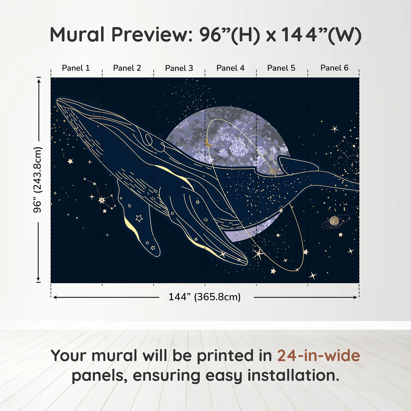 Whimsy Tots Celestial Whale Wall Muraldimension view (96" H x 144" W). Printed in six 24-inch-wide panels. Gender-Neutral