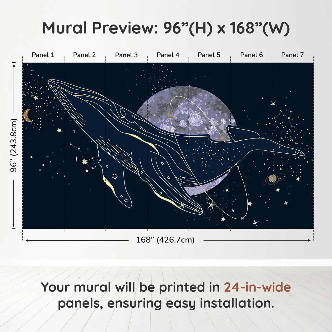 Whimsy Tots Celestial Whale Wall Muraldimension view (96" H x 168" W). Printed in seven 24-inch-wide panels. Gender-Neutral