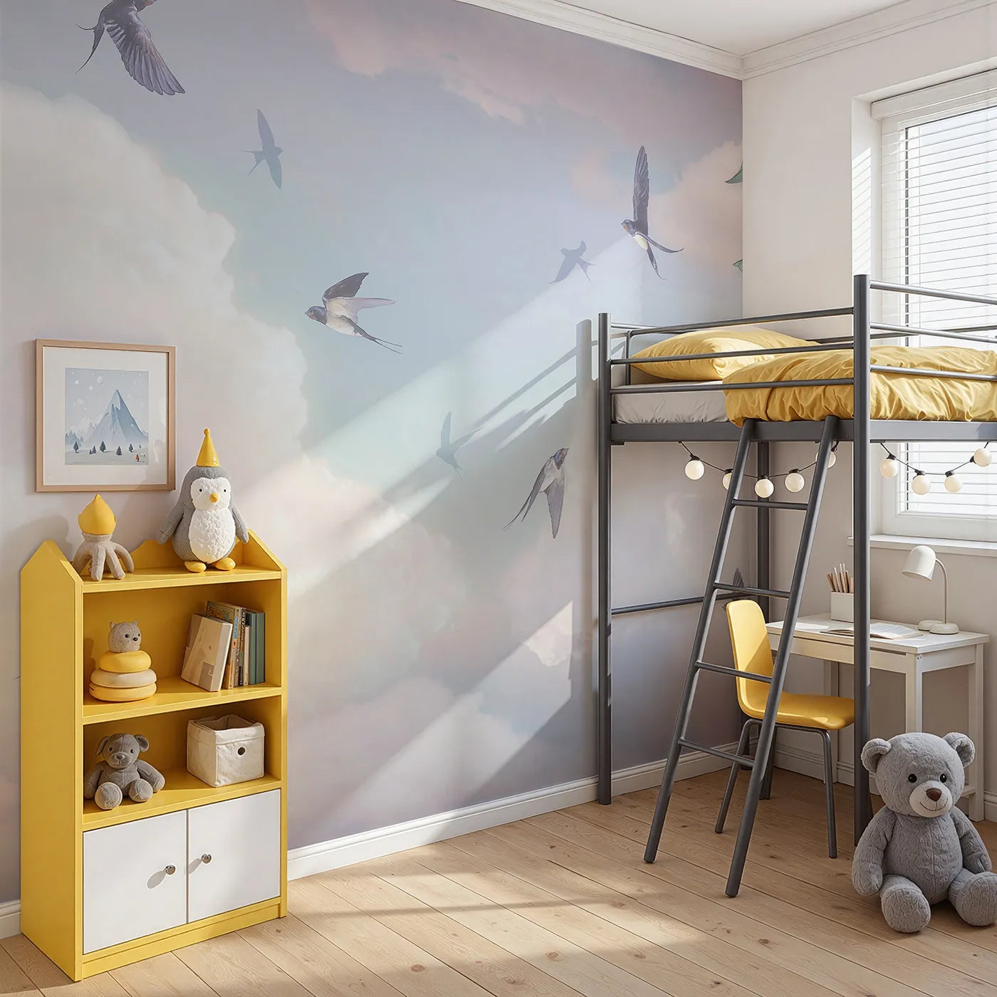 Angled view of Whimsy Tots' Swallows in the Clouds Wall Mural (Turn Their Room into a Dreamy, High-Flying Escape).Gender-Neutral