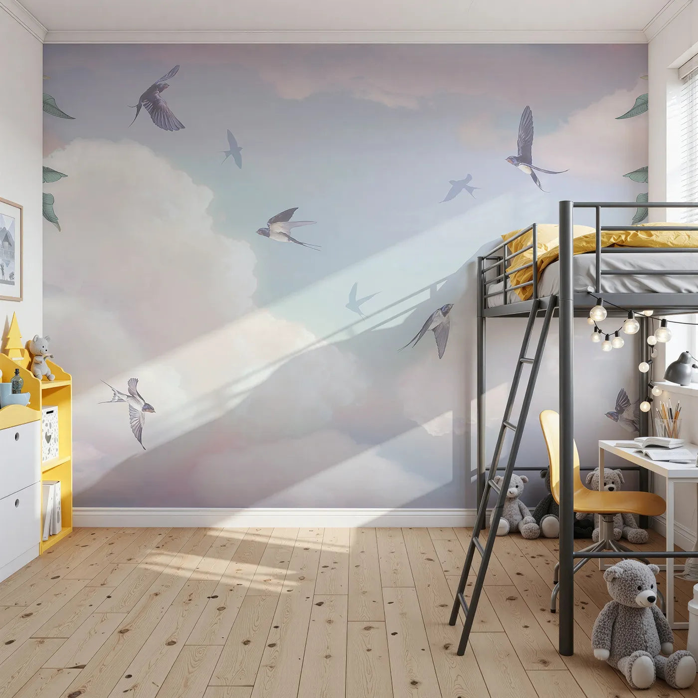 Front view of Whimsy Tots' Swallows in the Clouds Wall Mural