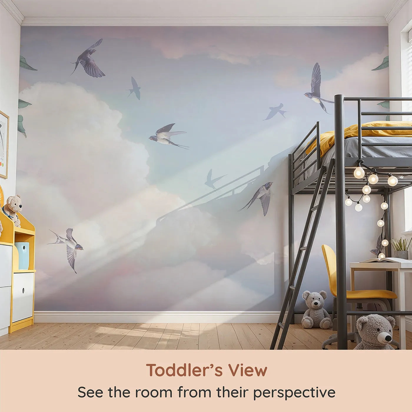 Whimsy Tots Swallows in the Clouds Wall Mural (Turn Their Room into a Dreamy, High-Flying Escape) from your child's view.Gender-Neutral