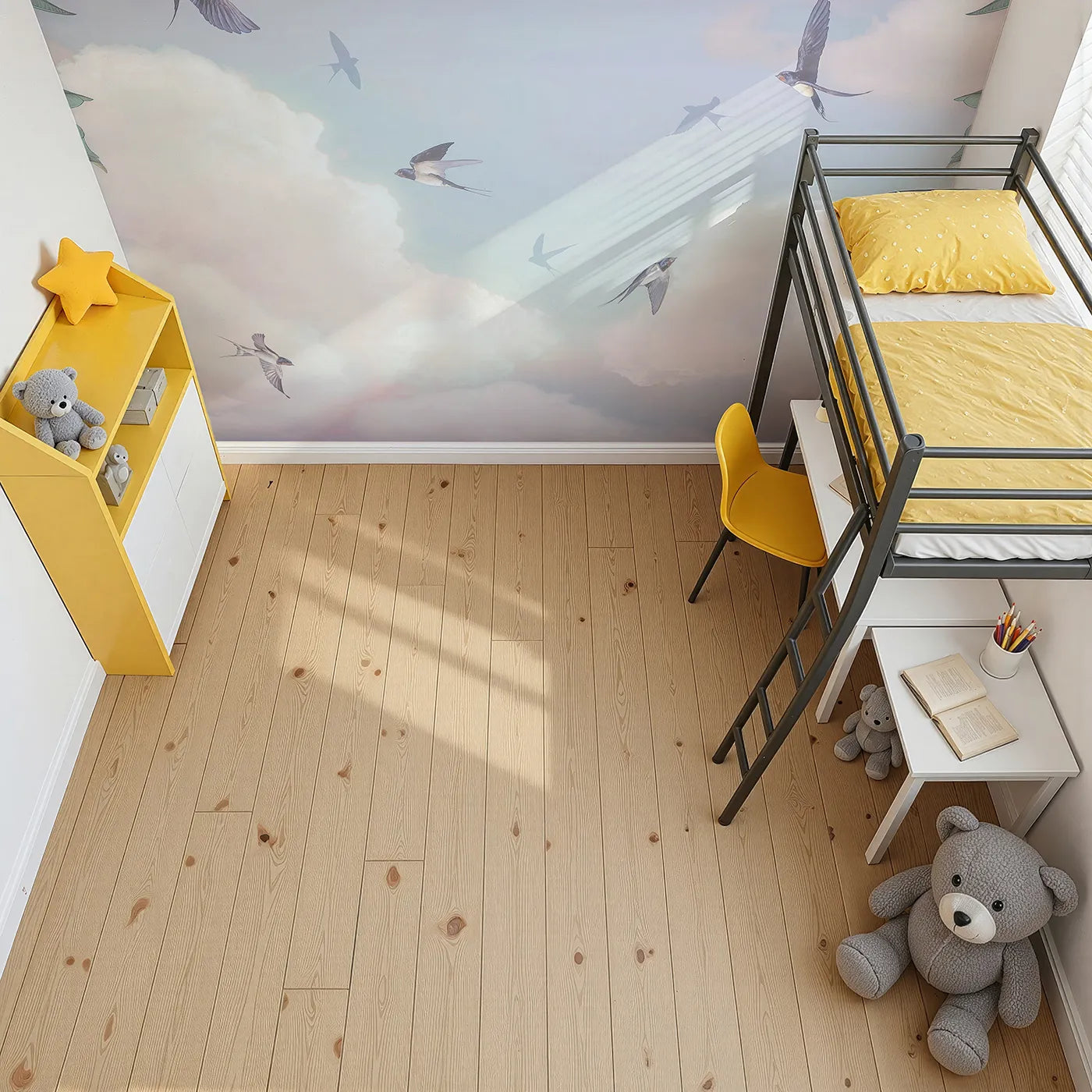 Top-down view of Whimsy Tots' Swallows in the Clouds Wall Mural (Turn Their Room into a Dreamy, High-Flying Escape).Gender-Neutral