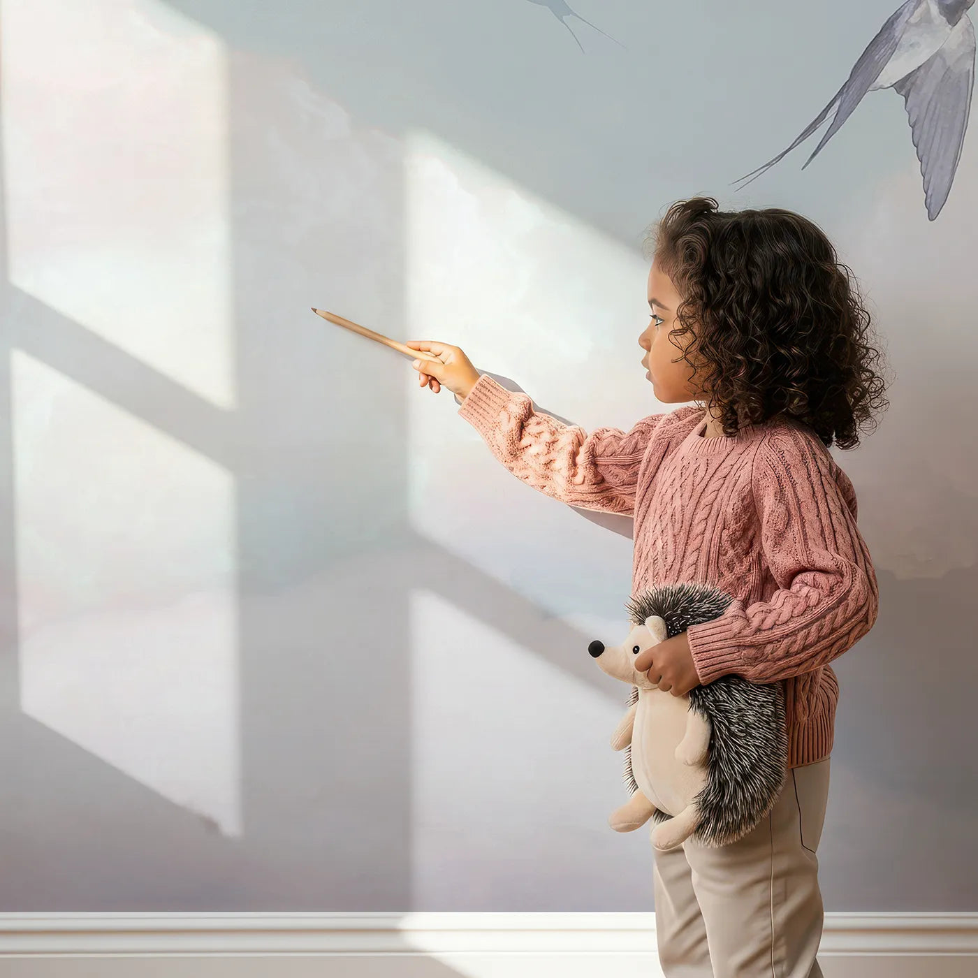 Child in front of Whimsy Tots Swallows in the Clouds Wall Mural with sky, cloud, swallow, bird, pink, blue, painterly, dreamy in design.