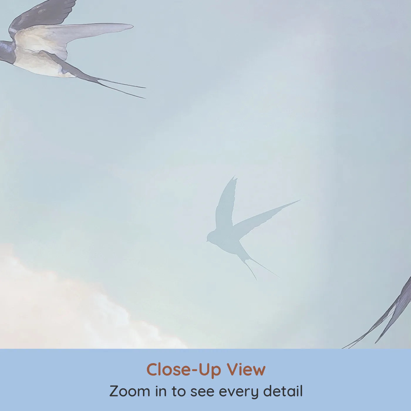 Close-up view of Whimsy Tots' Swallows in the Clouds Wall Mural (Turn Their Room into a Dreamy, High-Flying Escape).Gender-Neutral