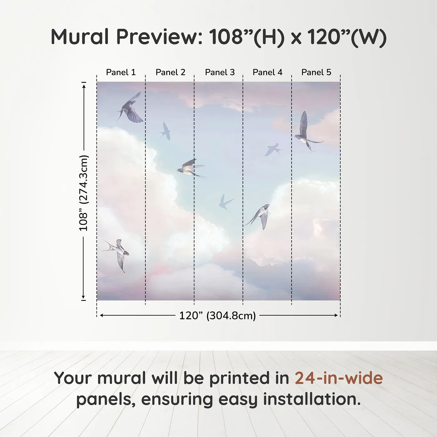 Whimsy Tots Swallows in the Clouds Wall Muraldimension view (108" H x 120" W). Printed in five 24-inch-wide panels. Gender-Neutral