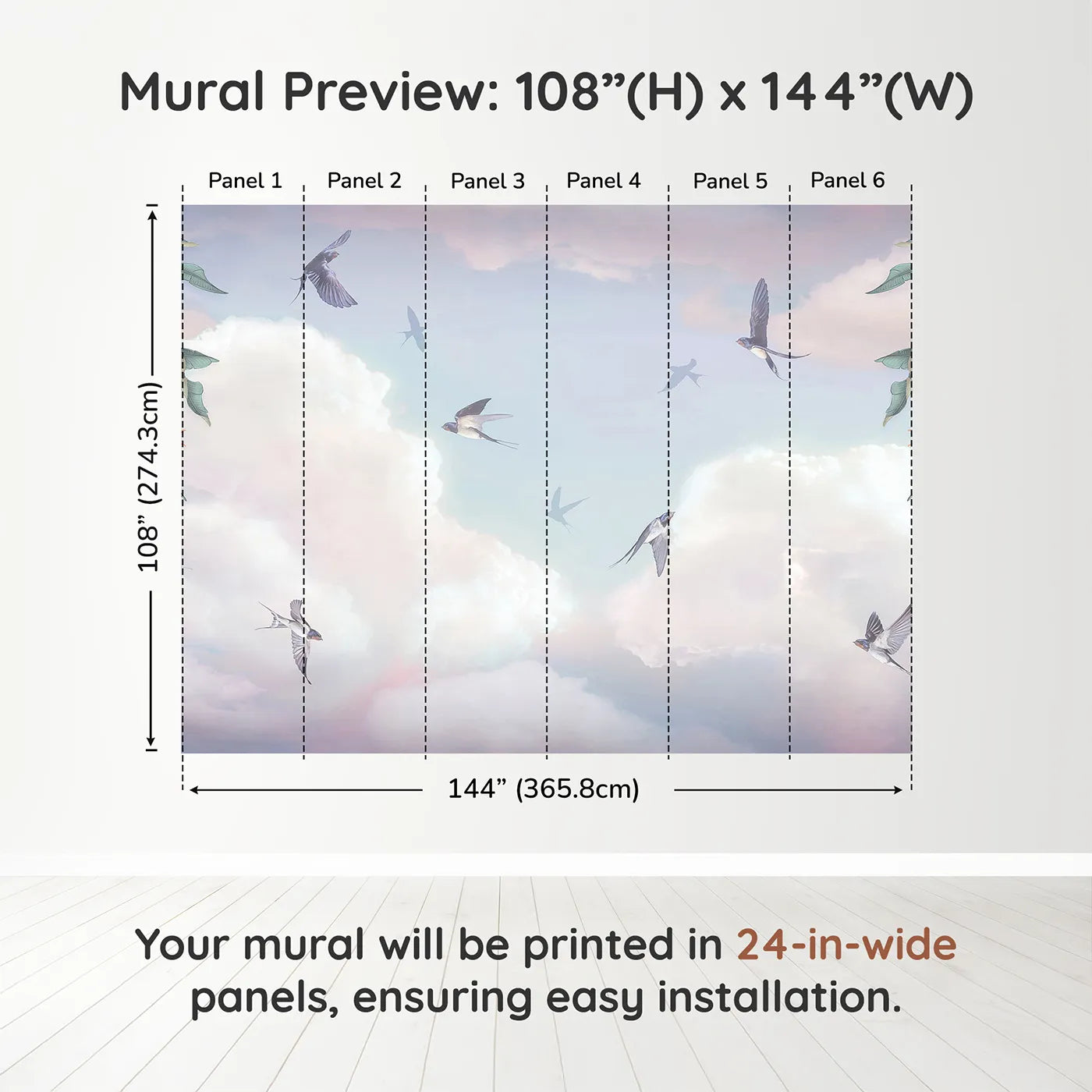 Whimsy Tots Swallows in the Clouds Wall Muraldimension view (108" H x 144" W). Printed in six 24-inch-wide panels. Gender-Neutral