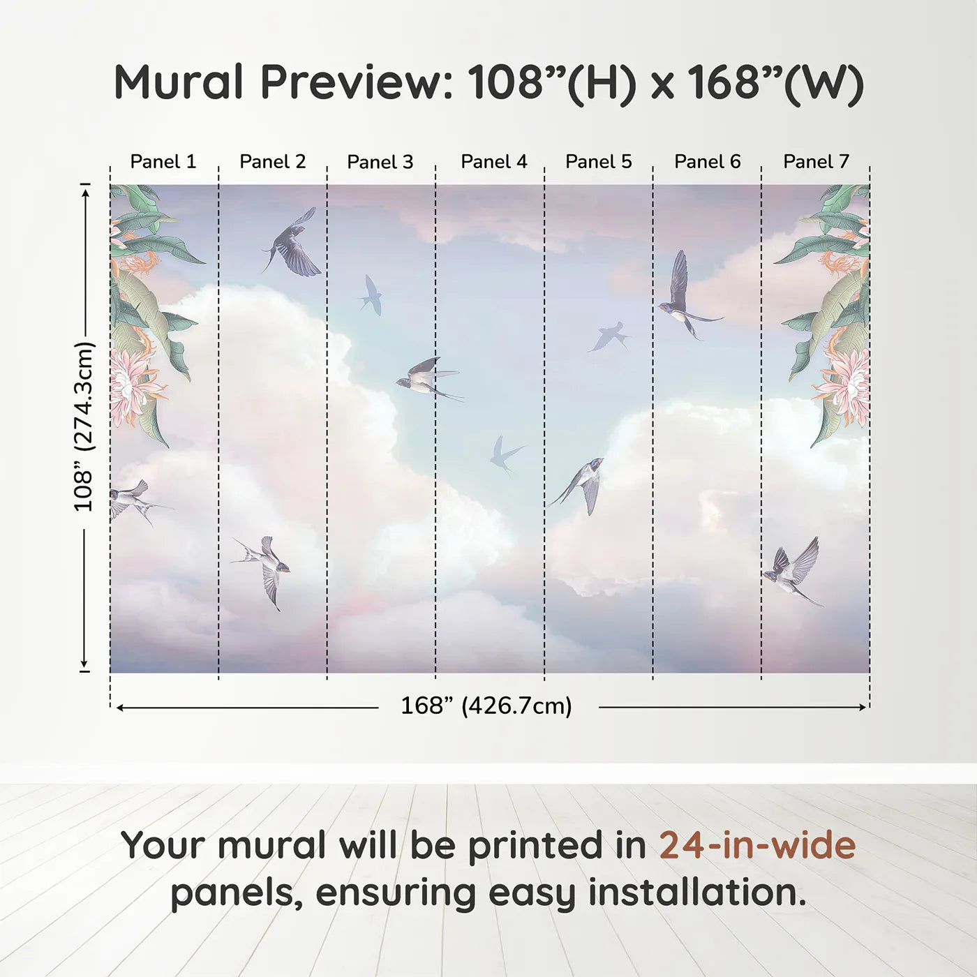 Whimsy Tots Swallows in the Clouds Wall Muraldimension view (108" H x 168" W). Printed in seven 24-inch-wide panels. Gender-Neutral