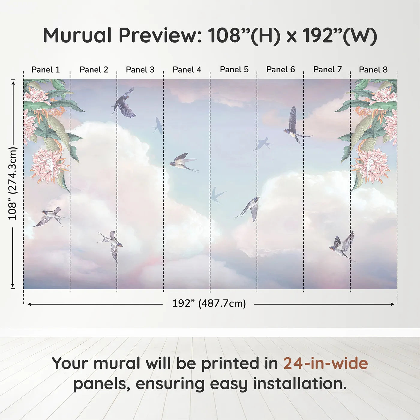 Whimsy Tots Swallows in the Clouds Wall Muraldimension view (108" H x 192" W). Printed in eight 24-inch-wide panels. Gender-Neutral