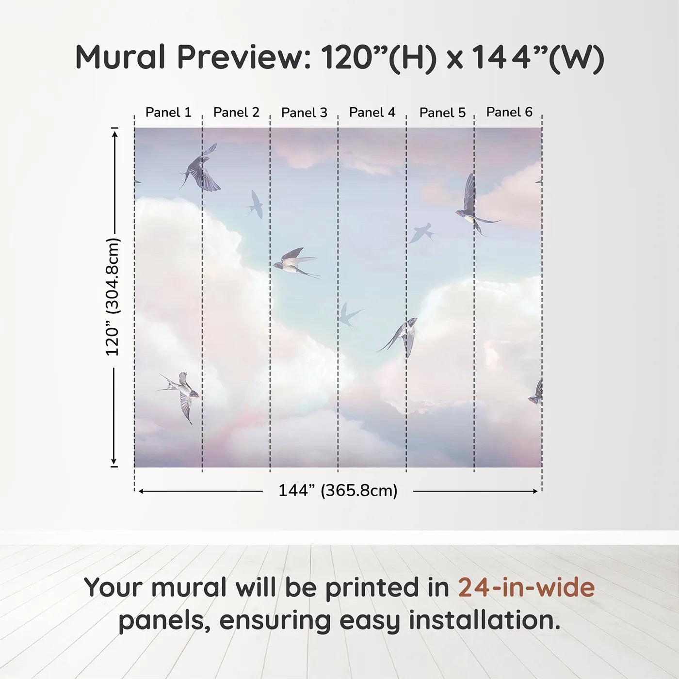 Whimsy Tots Swallows in the Clouds Wall Muraldimension view (120" H x 144" W). Printed in six 24-inch-wide panels. Gender-Neutral