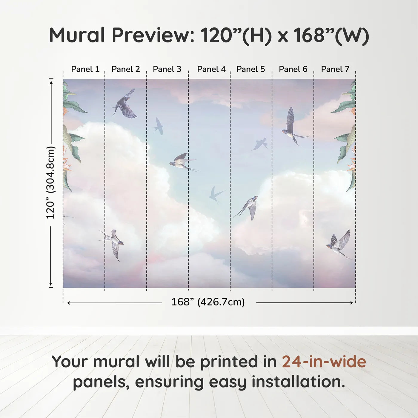 Whimsy Tots Swallows in the Clouds Wall Muraldimension view (120" H x 168" W). Printed in seven 24-inch-wide panels. Gender-Neutral