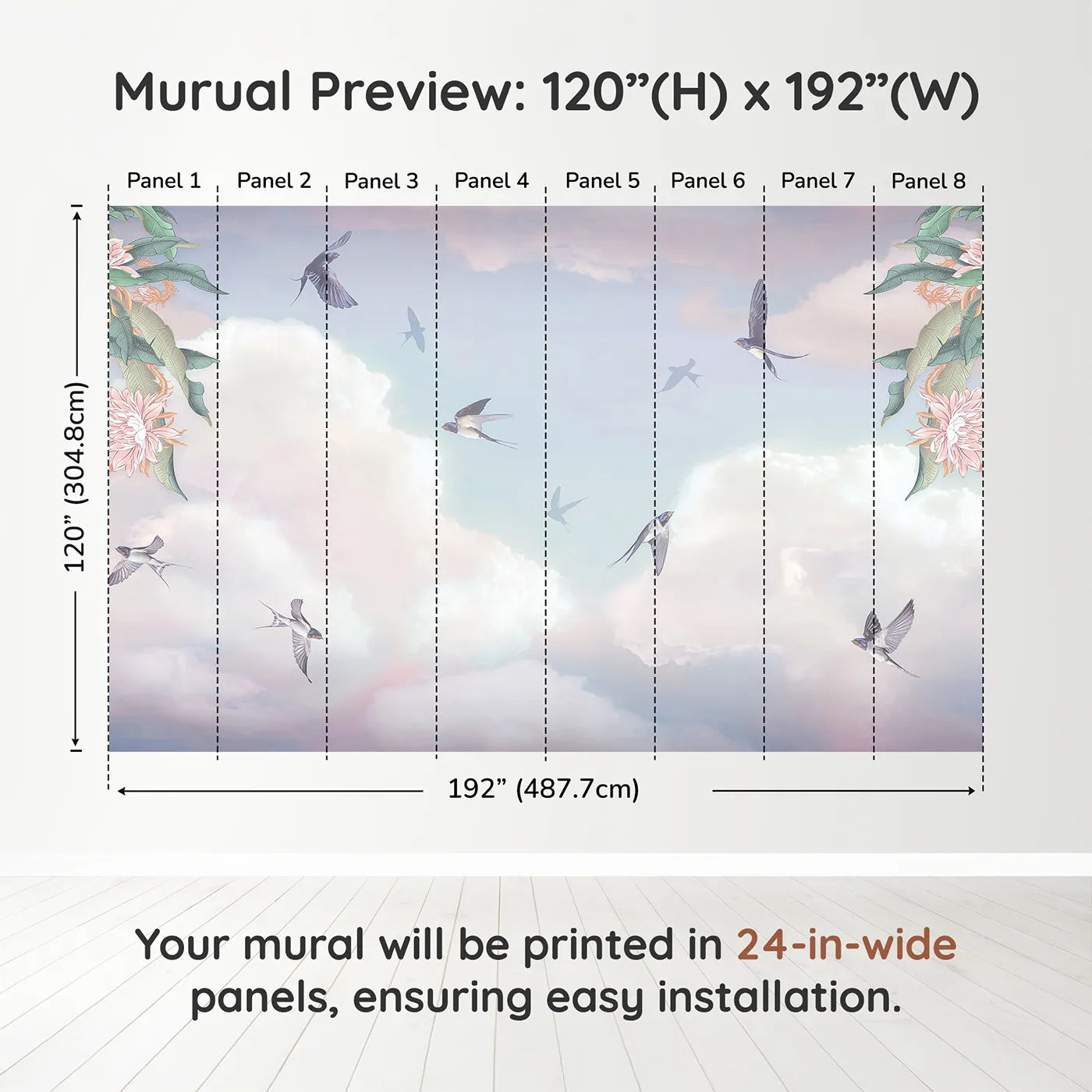 Whimsy Tots Swallows in the Clouds Wall Muraldimension view (120" H x 192" W). Printed in eight 24-inch-wide panels. Gender-Neutral