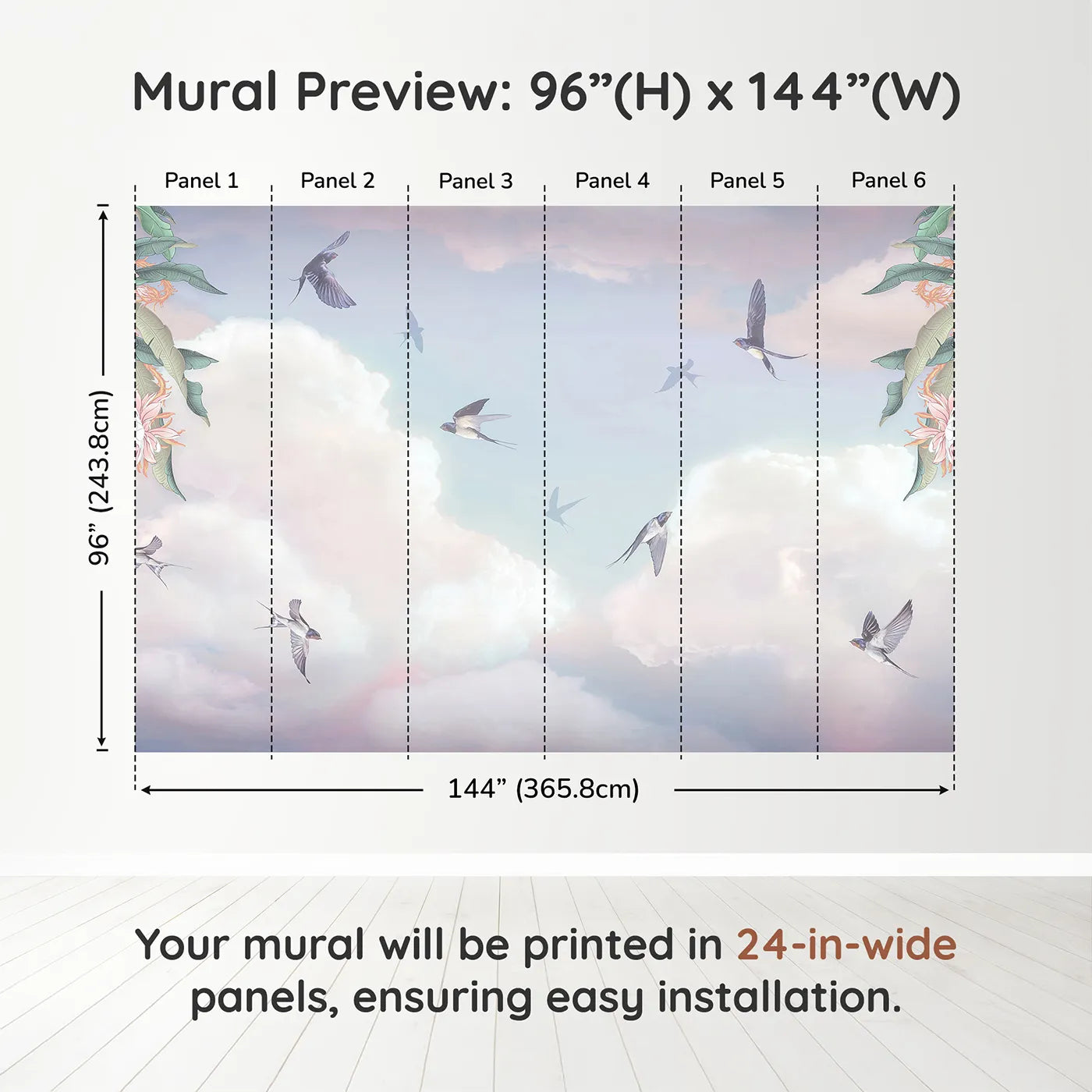 Whimsy Tots Swallows in the Clouds Wall Muraldimension view (96" H x 144" W). Printed in six 24-inch-wide panels. Gender-Neutral