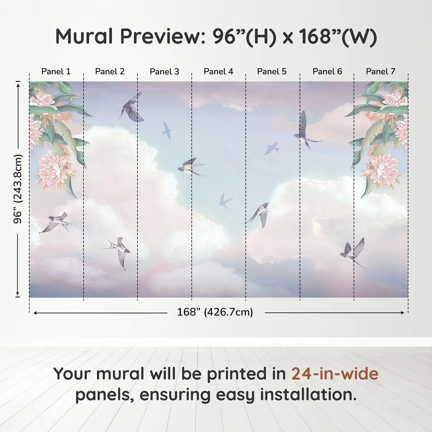 Whimsy Tots Swallows in the Clouds Wall Muraldimension view (96" H x 168" W). Printed in seven 24-inch-wide panels. Gender-Neutral