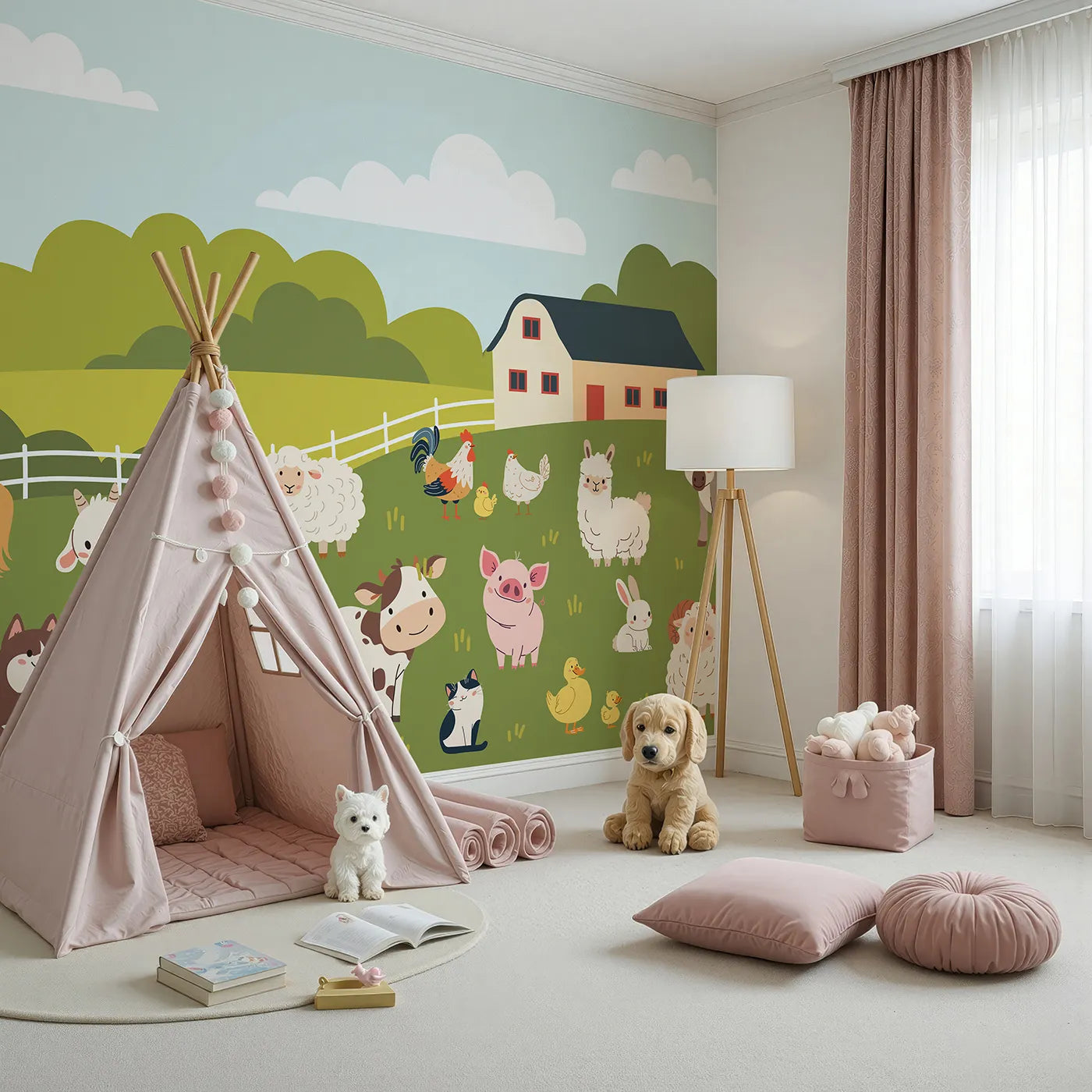 Angled view of Whimsy Tots' Happy Farm Friends Wall Mural (Turn Their Room into the Friendliest, Happiest Farmyard).Gender-Neutral