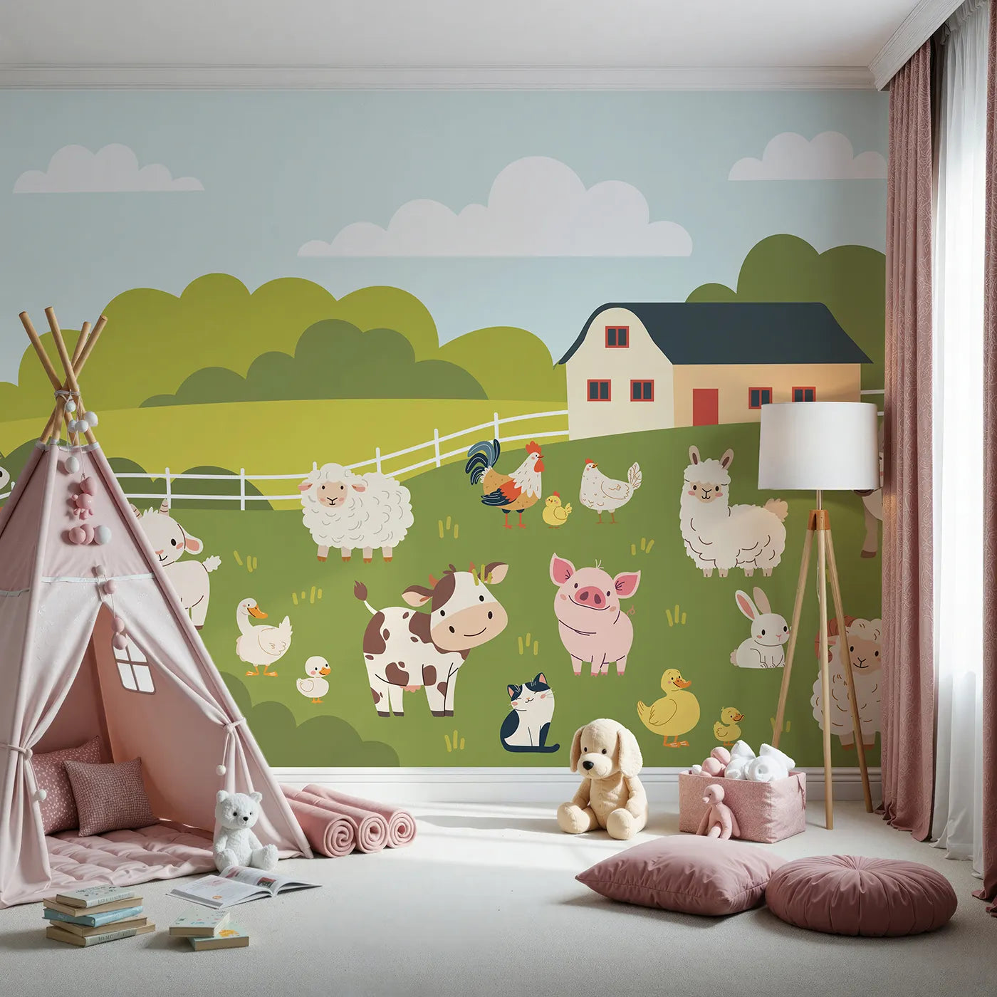 Front view of Whimsy Tots' Happy Farm Friends Wall Mural