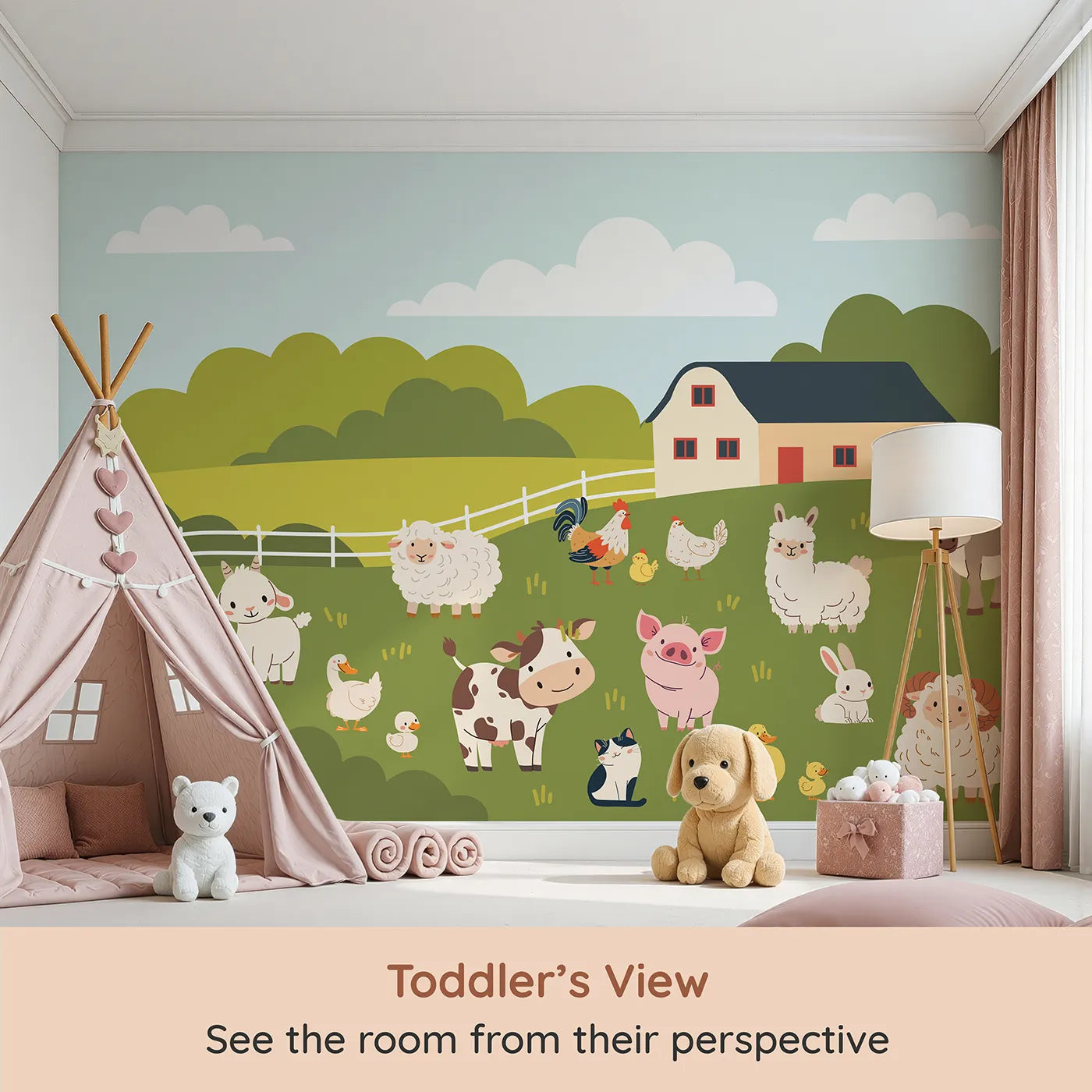 Whimsy Tots Happy Farm Friends Wall Mural (Turn Their Room into the Friendliest, Happiest Farmyard) from your child's view.Gender-Neutral