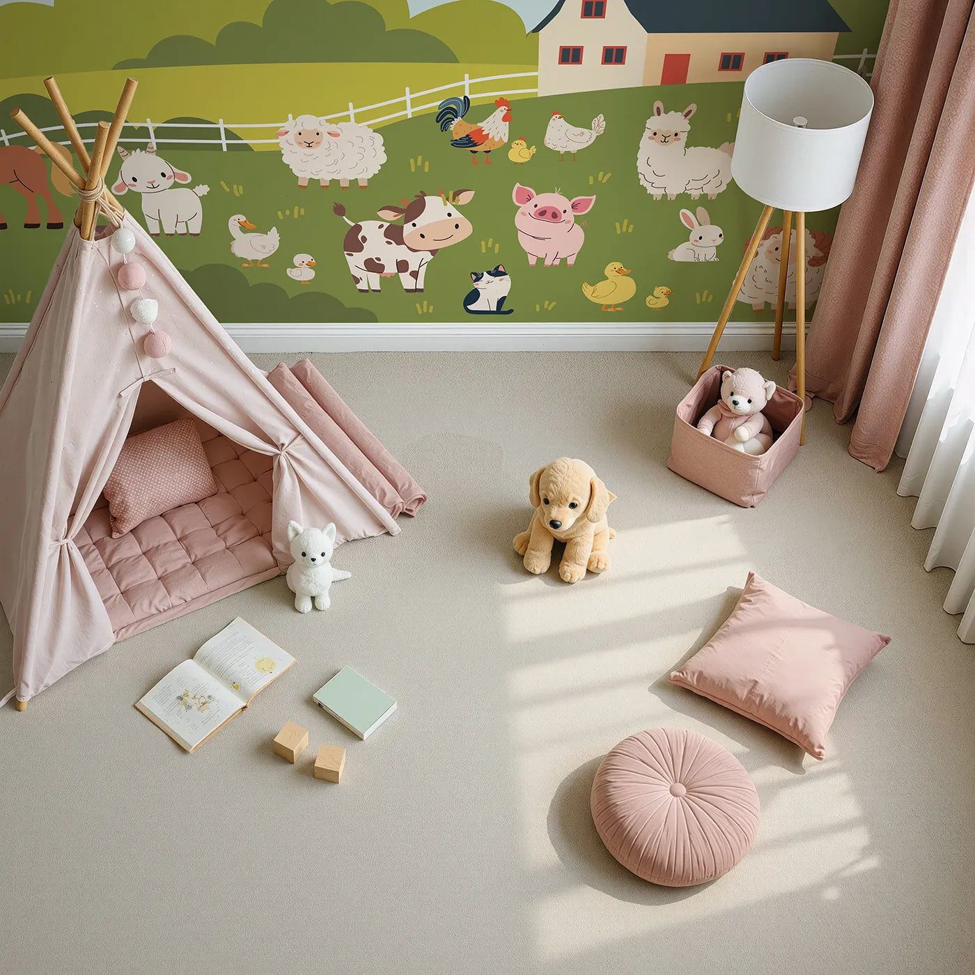 Top-down view of Whimsy Tots' Happy Farm Friends Wall Mural (Turn Their Room into the Friendliest, Happiest Farmyard).Gender-Neutral