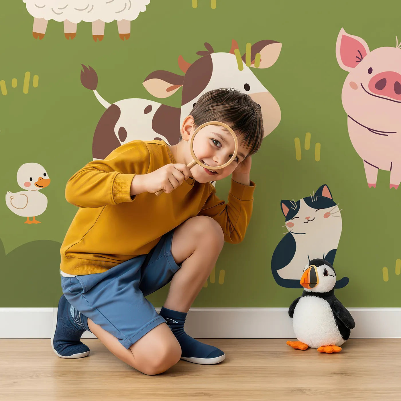 Child in front of Whimsy Tots Happy Farm Friends Wall Mural with farm, animal, cute, cartoon, horse, cow, sheep, pig in design.
