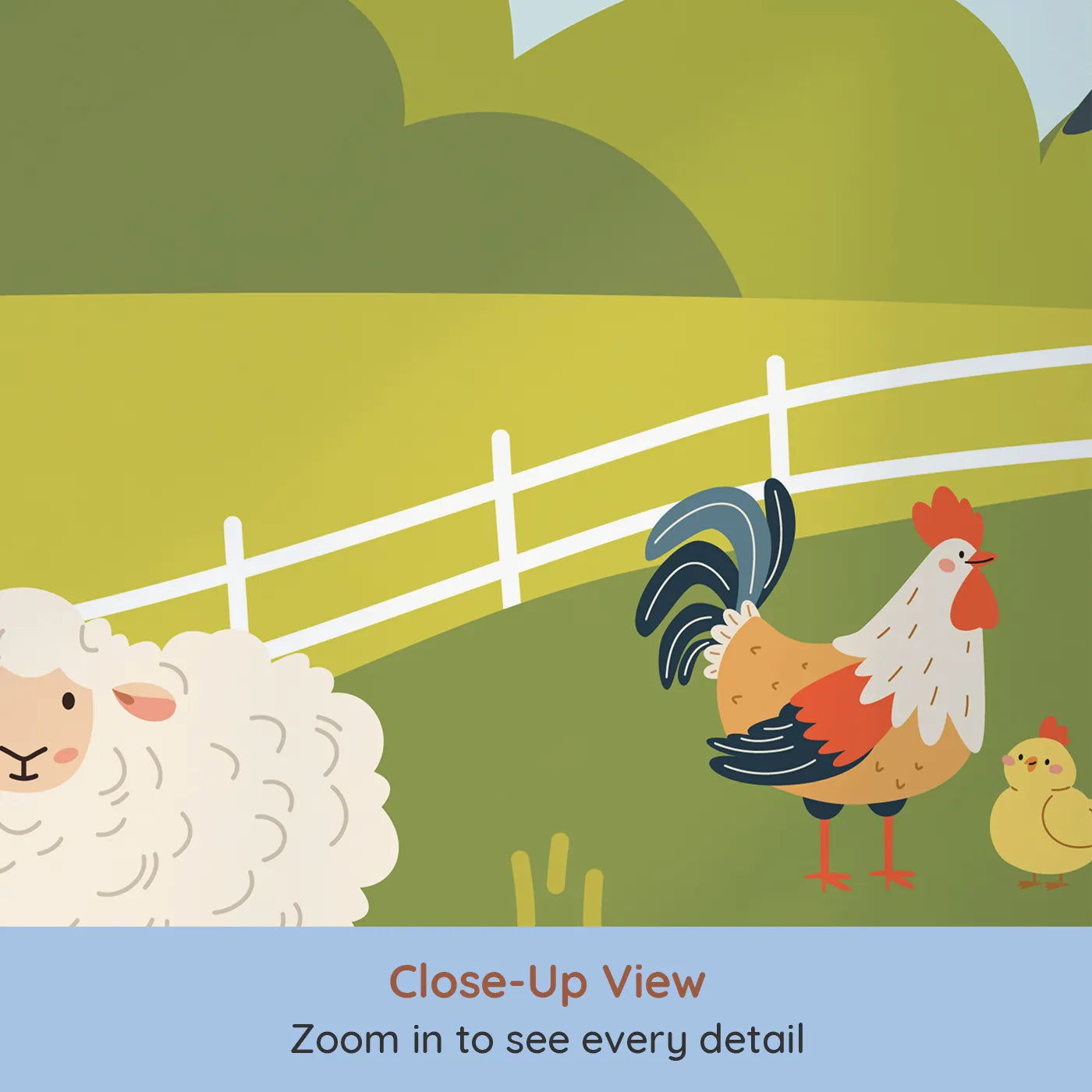 Close-up view of Whimsy Tots' Happy Farm Friends Wall Mural (Turn Their Room into the Friendliest, Happiest Farmyard).Gender-Neutral