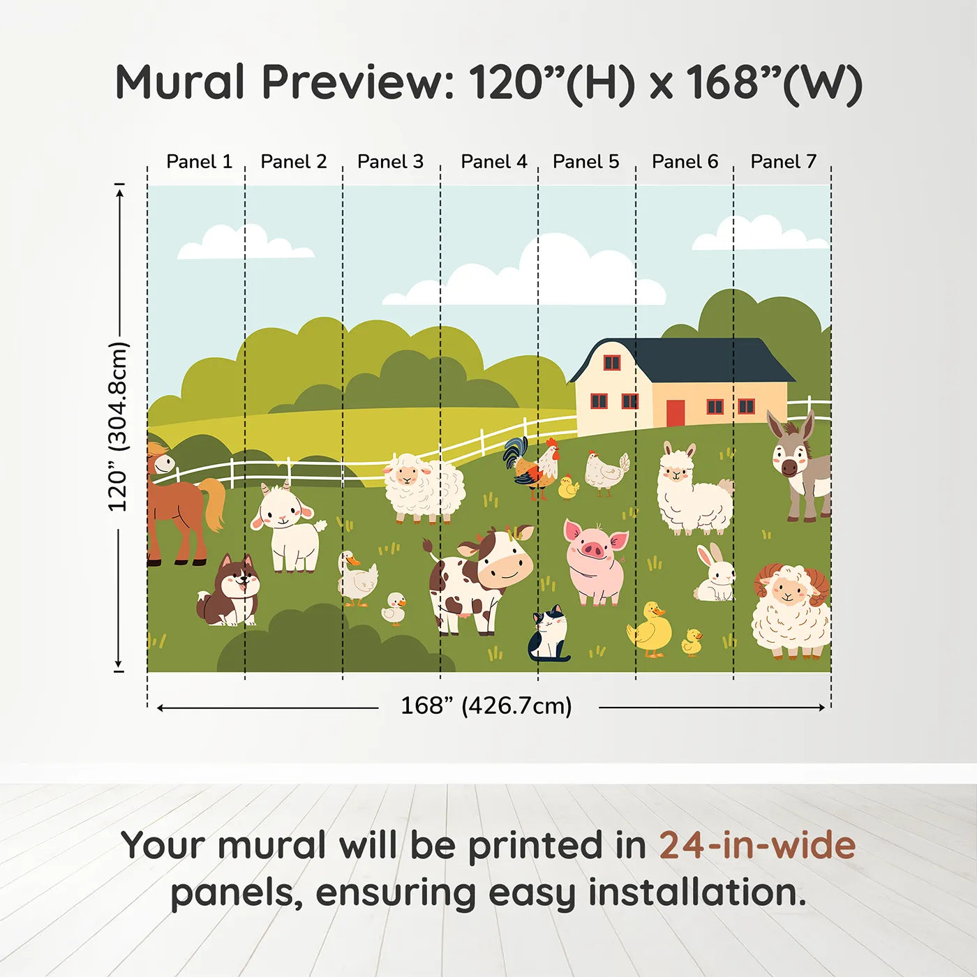 Whimsy Tots Happy Farm Friends Wall Muraldimension view (120" H x 168" W). Printed in seven 24-inch-wide panels. Gender-Neutral